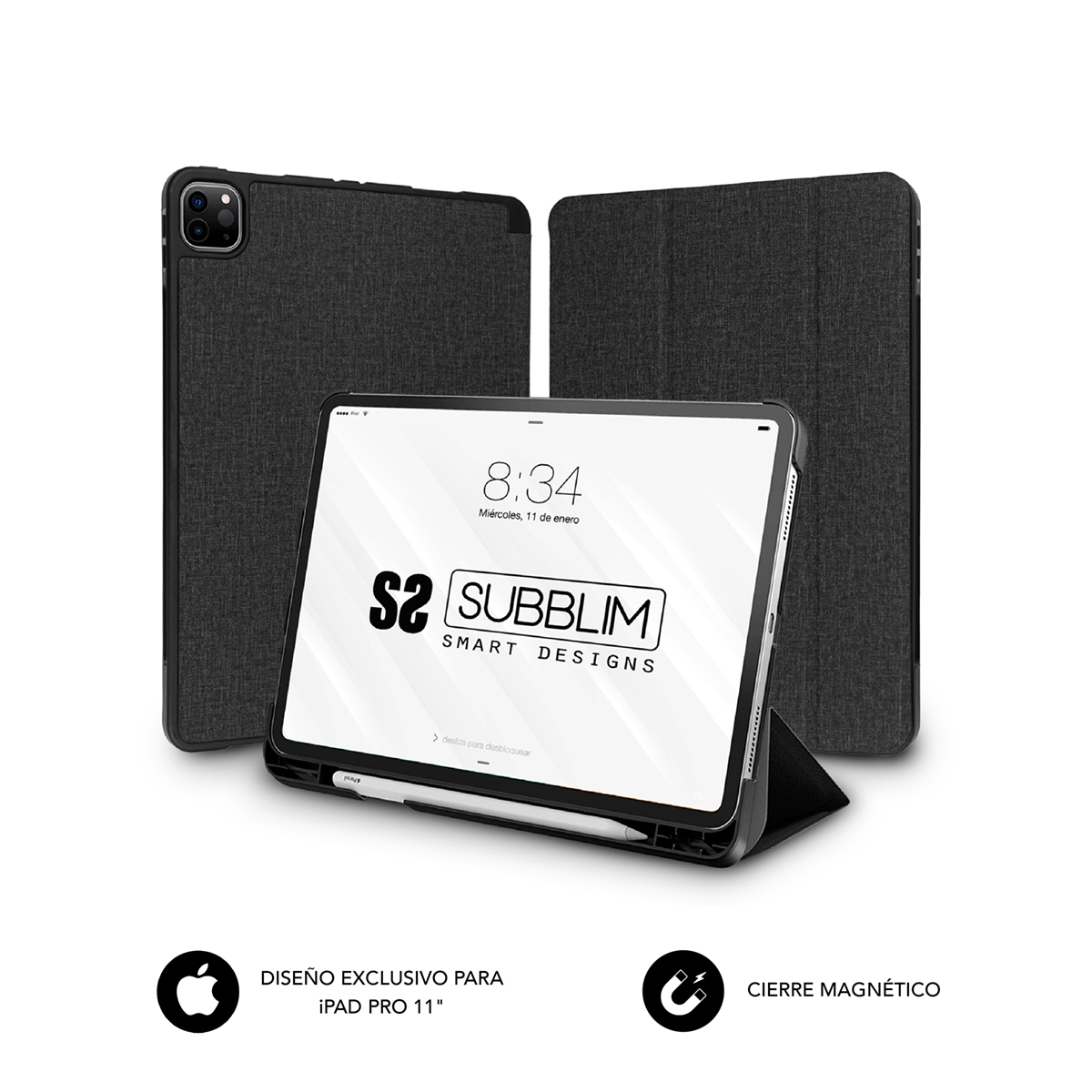 Un iPad Pro de 11" con funda de tela oscura y soporte para lápiz, sobre fondo blanco.