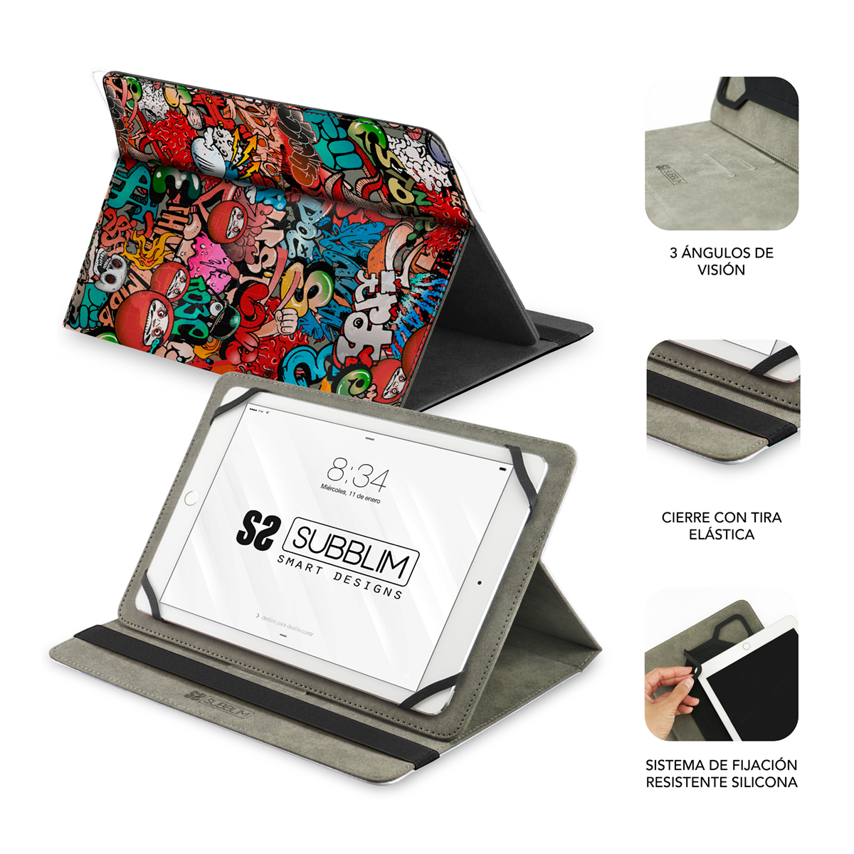 Una tableta con funda colorida, apoyada en un soporte gris. Se muestran varios ángulos.