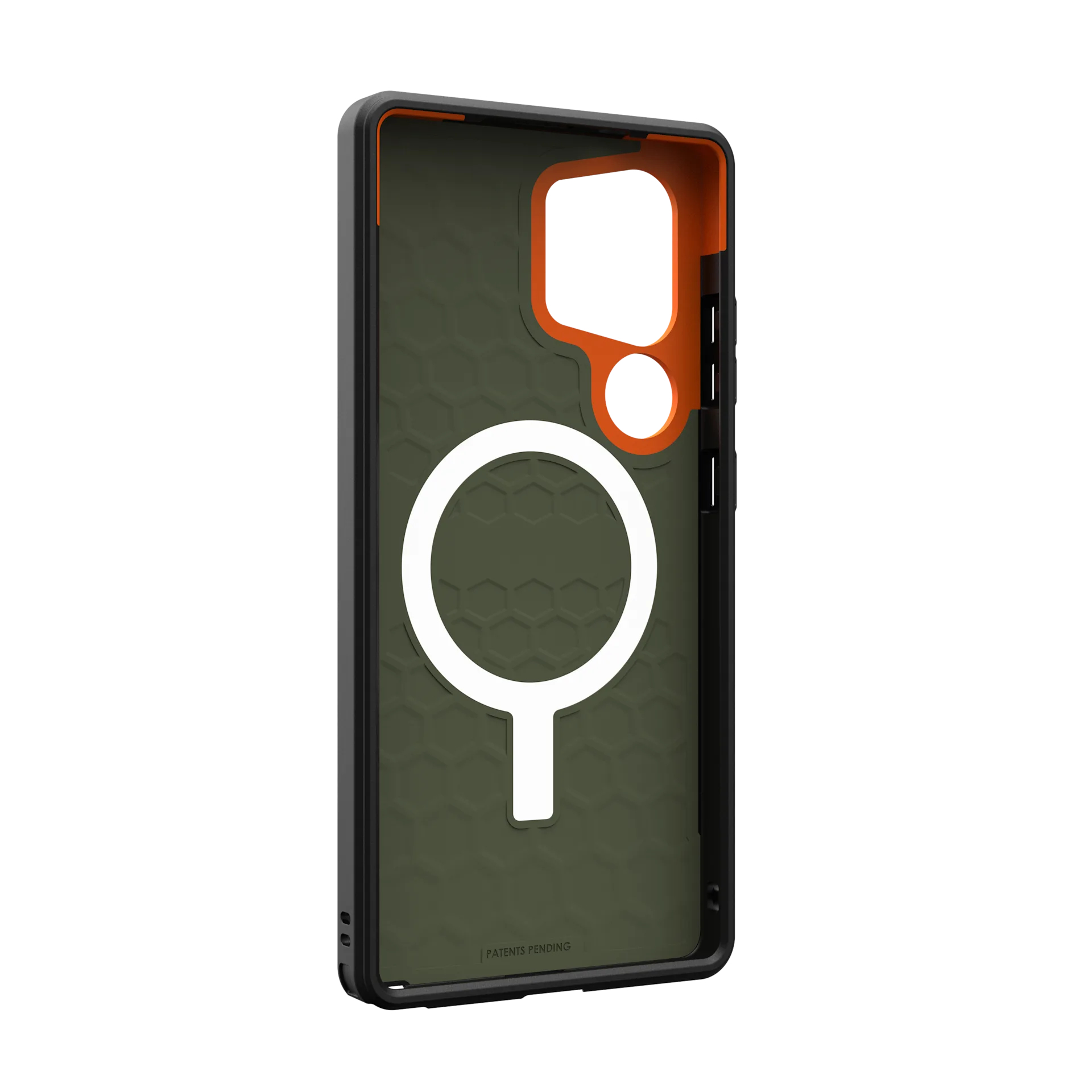 Schwarzes Handyhülle mit orangefarbenem Rand und innenliegendem Hexagonmuster.