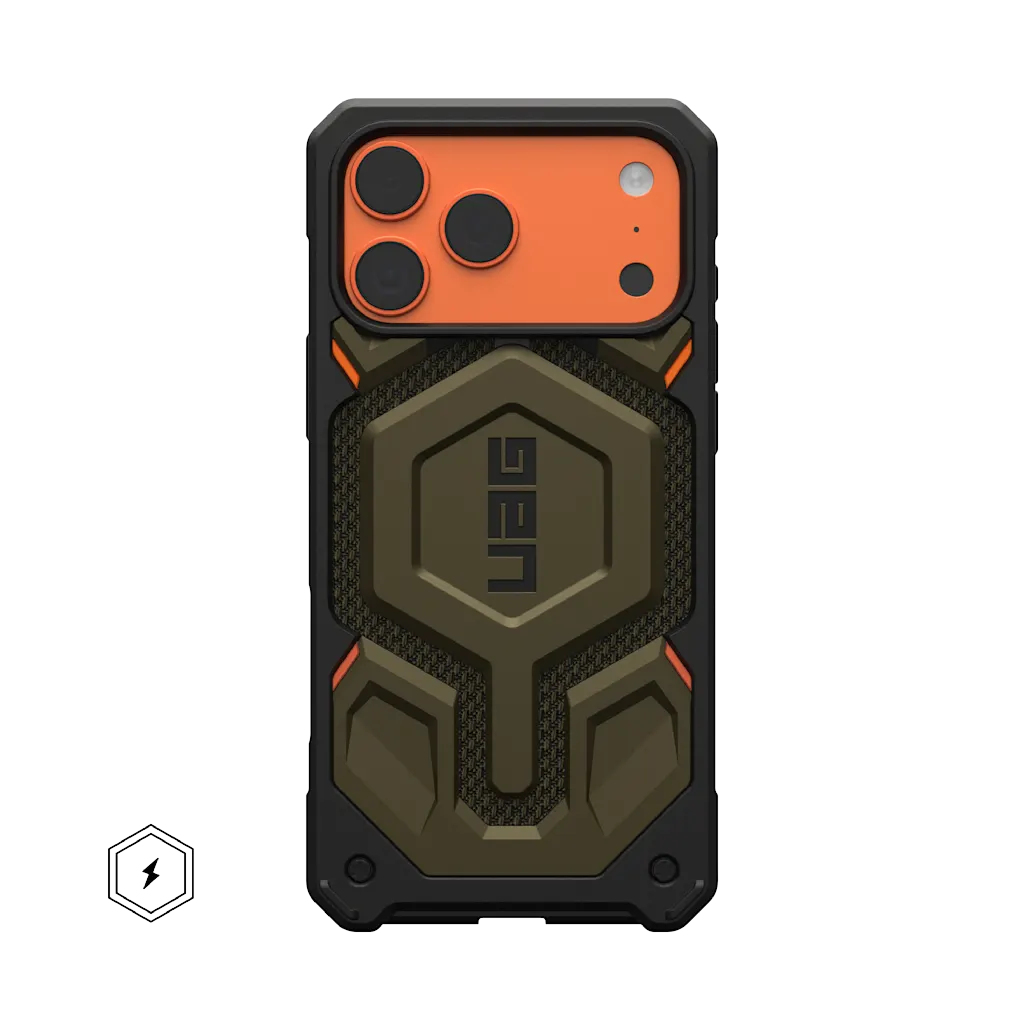 Schwarze Hülle mit orangefarbenem Kamerabereich und UAG-Logo.