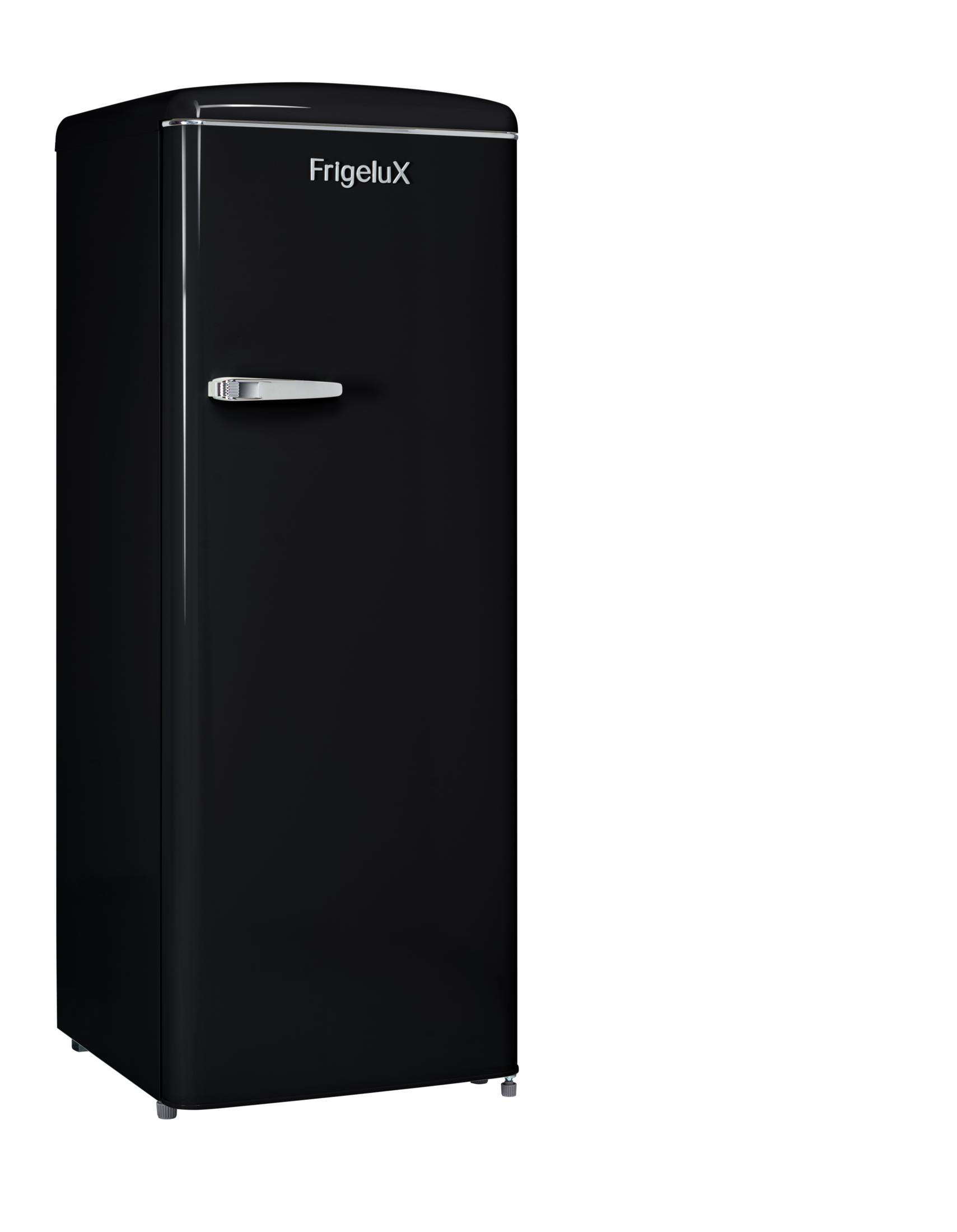 Schwarzer Kühlschrank im Retro-Stil mit Chromgriff und "FrigeluX"-Logo.
