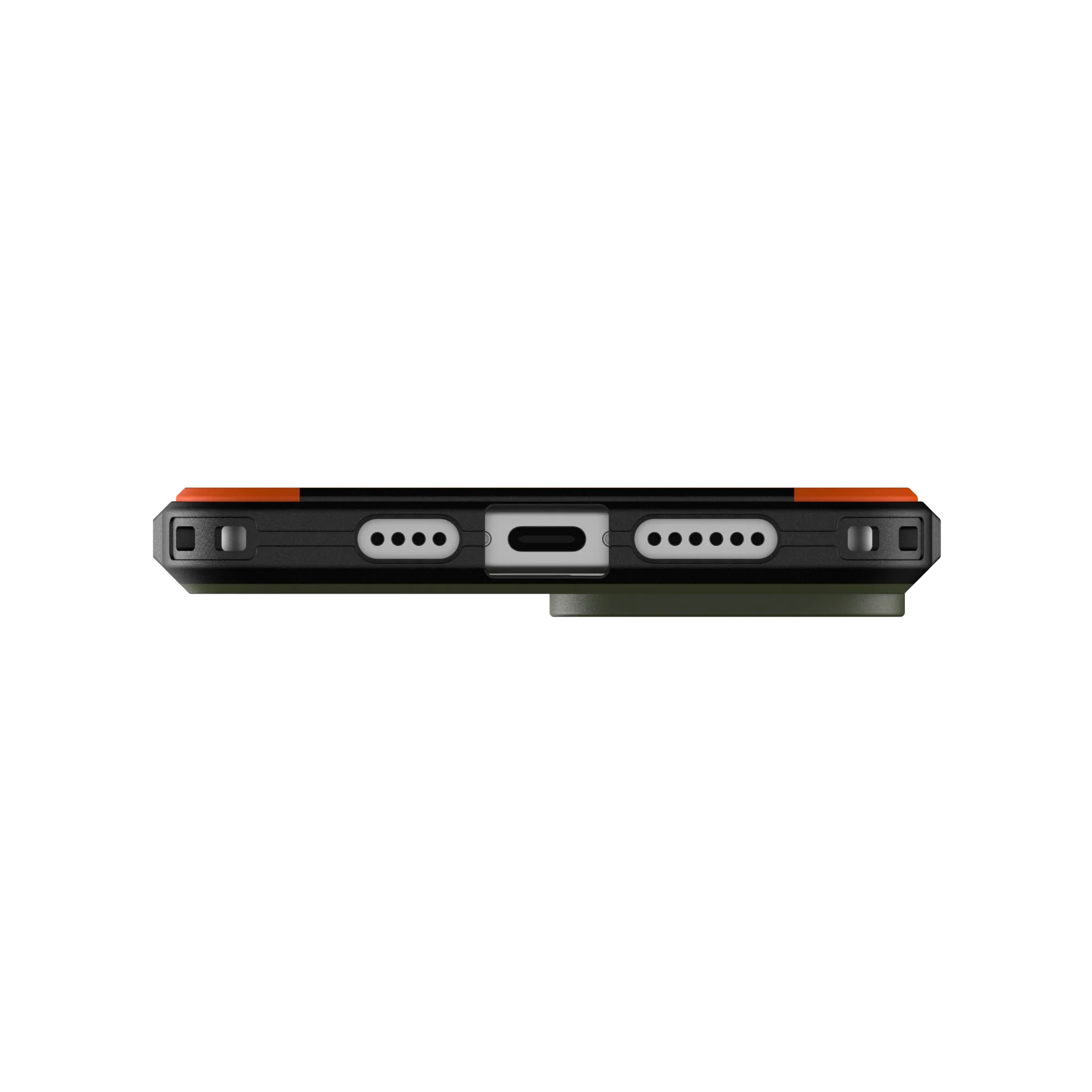 Funda de teléfono negra con detalles naranjas, puerto de carga y orificios para altavoz.