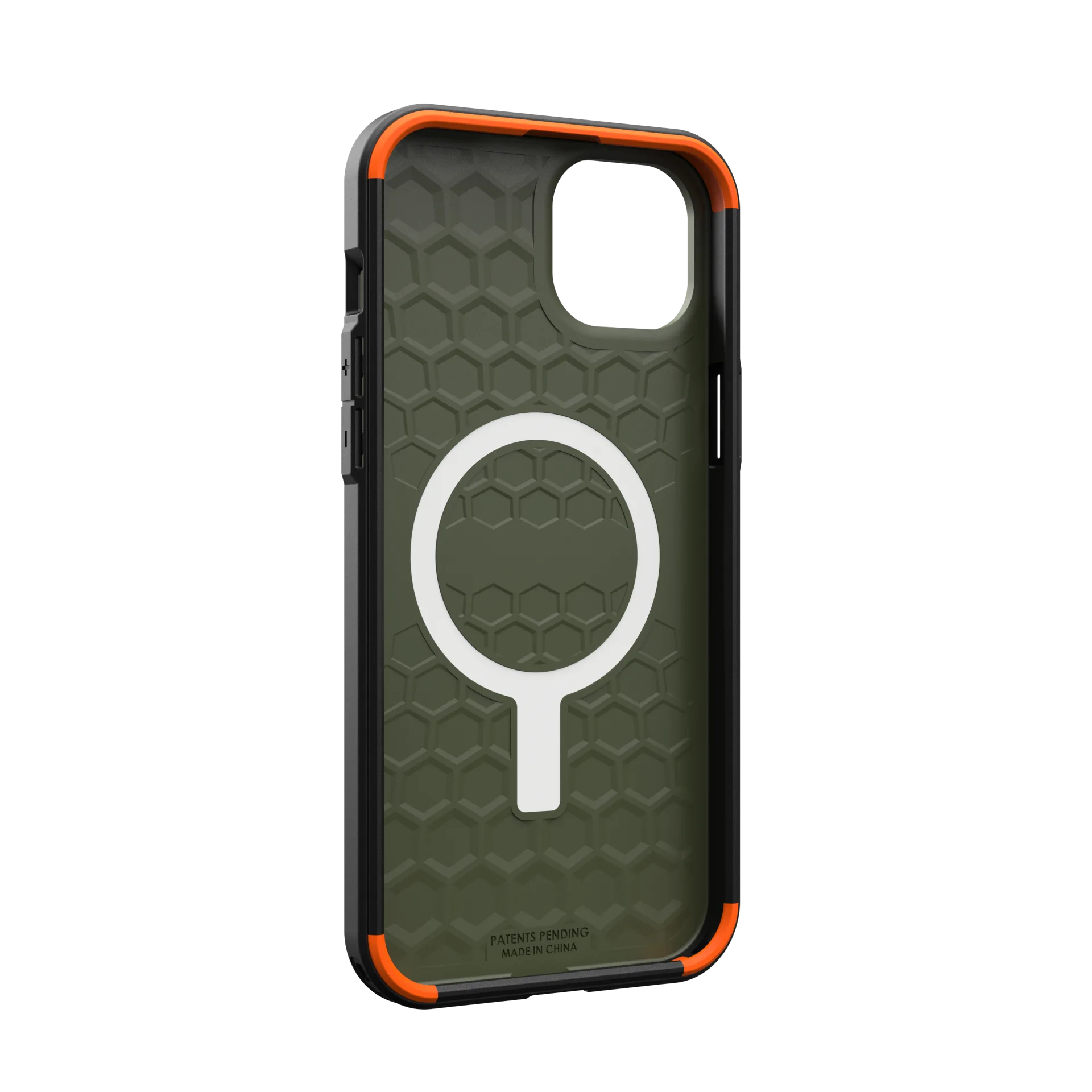 Funda negra para iPhone con detalles naranjas y interior verde de panal.