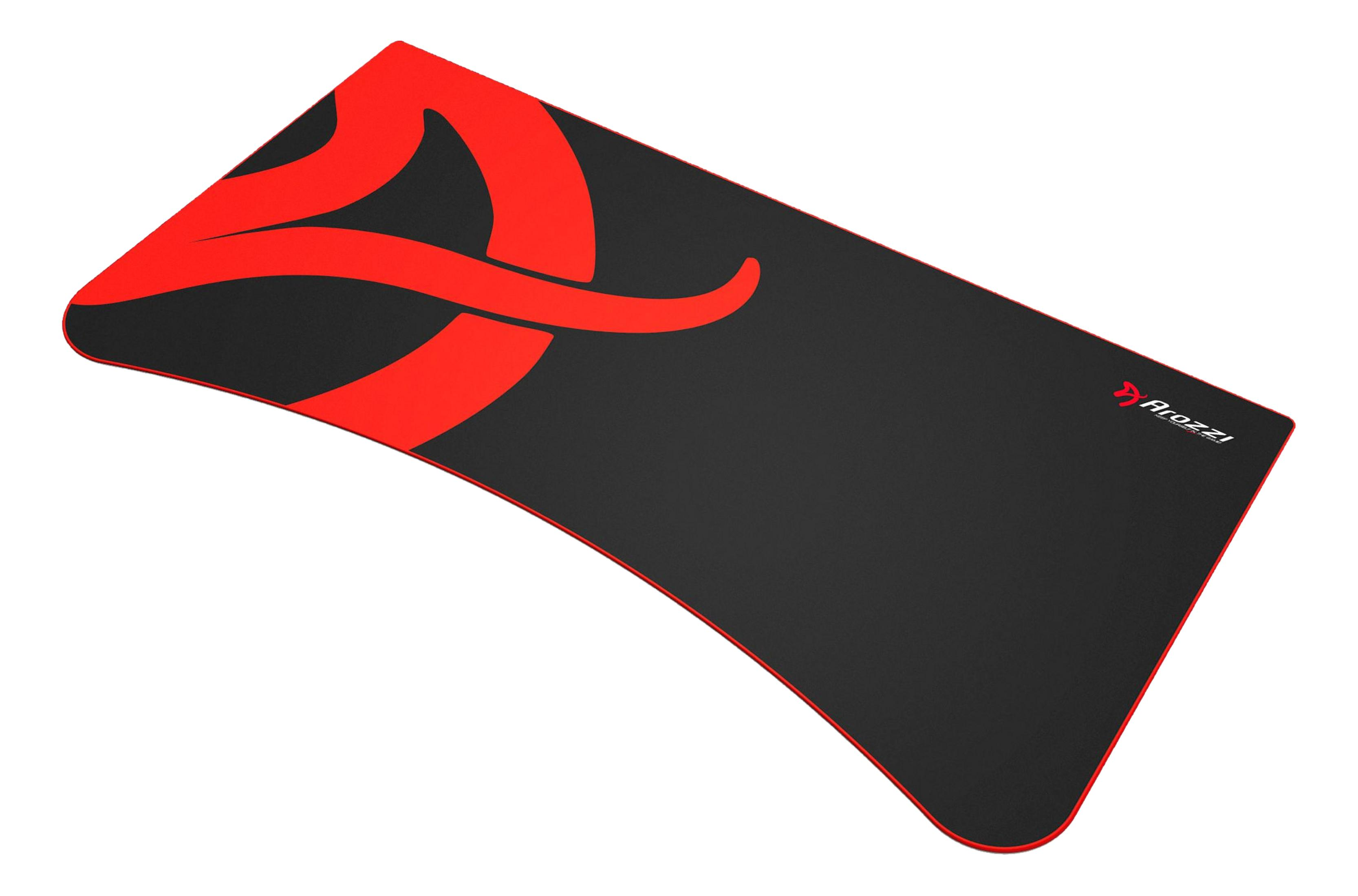 Czarna podkładka pod mysz z czerwonymi zakrzywionymi liniami i logo.