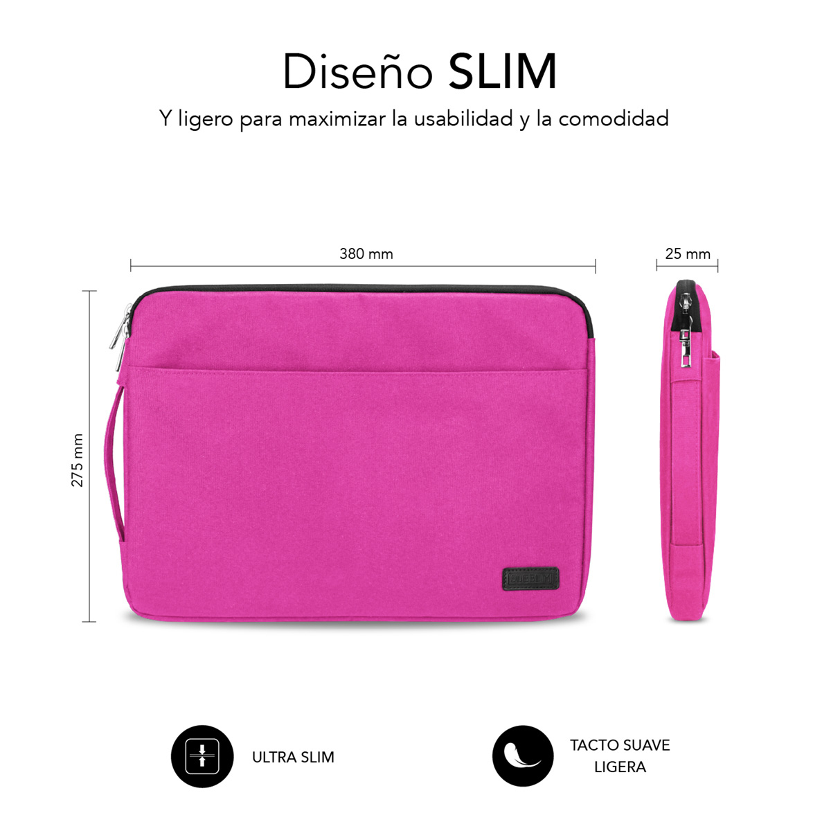 Custodia per laptop sottile e piatta, rosa, dimensioni 380 x 275 x 25 mm.