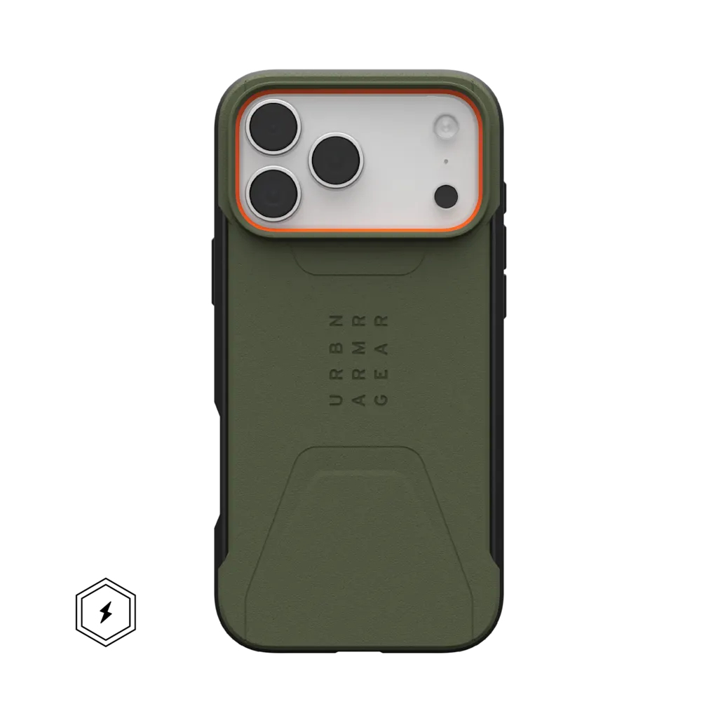 Coque de téléphone verte avec découpe caméra et logo.