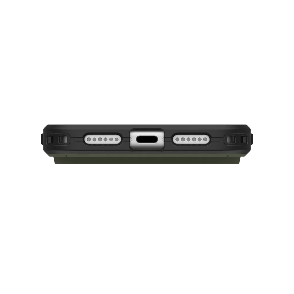 Vue inférieure d'une coque de téléphone noire et verte avec port de chargement et trous de haut-parleur.