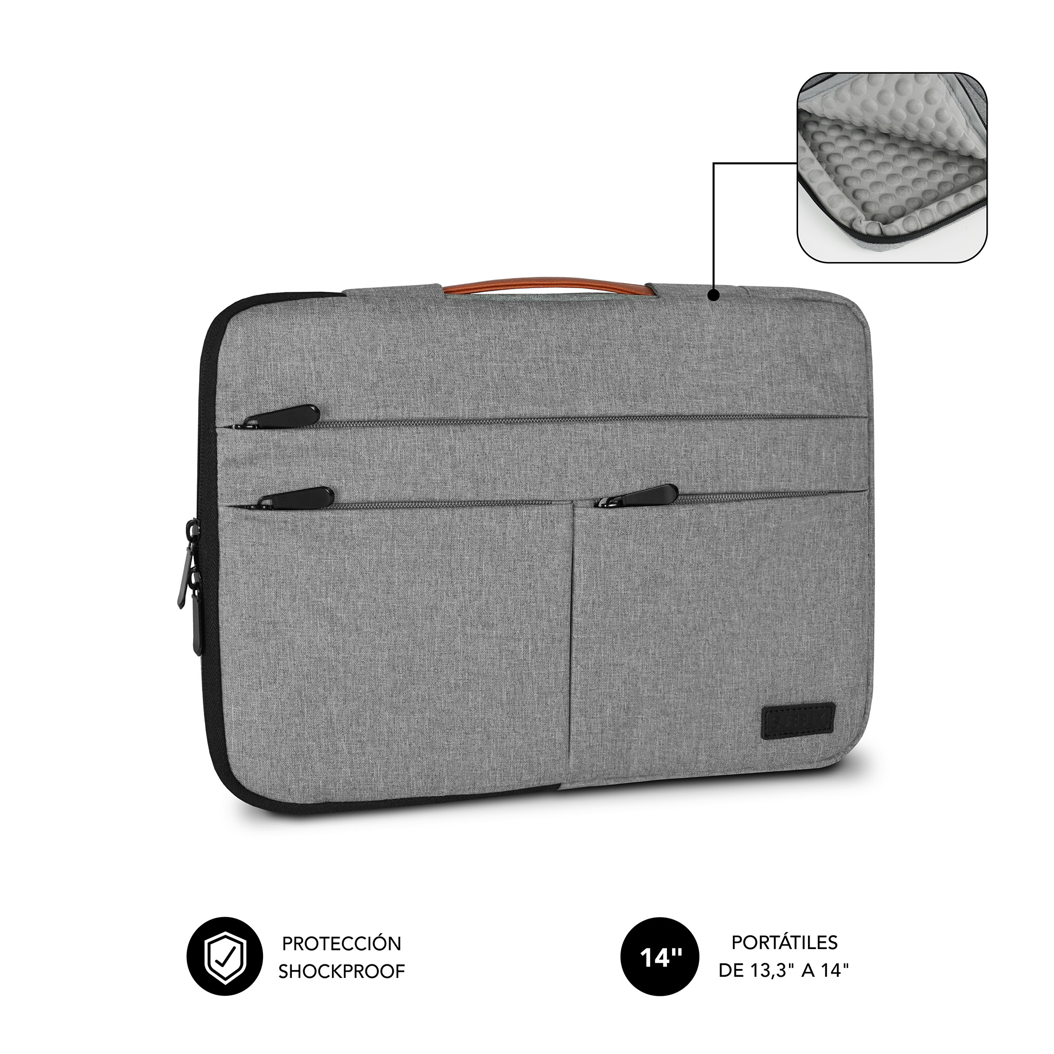 Funda gris para portátil con asa y bolsillos con cremallera. Interior acolchado.