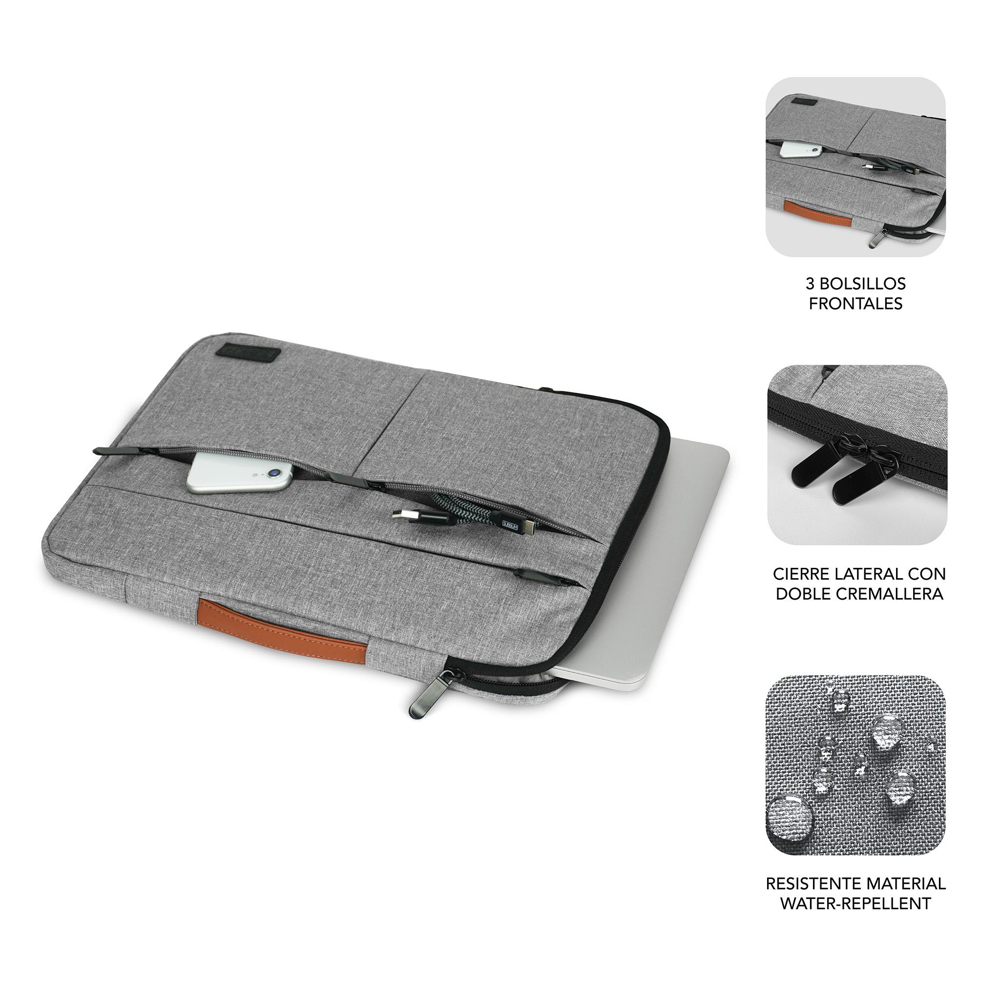 Funda gris para portátil con asa marrón, cremallera lateral y tres bolsillos frontales.