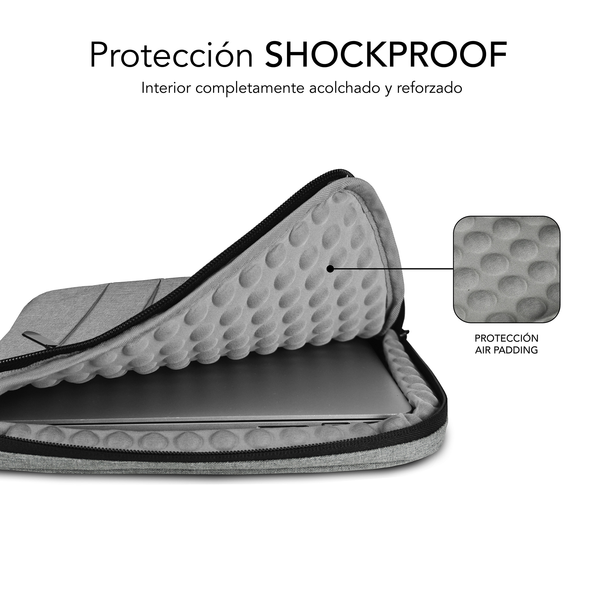 Funda gris para portátil con forro interior acolchado y cremallera.