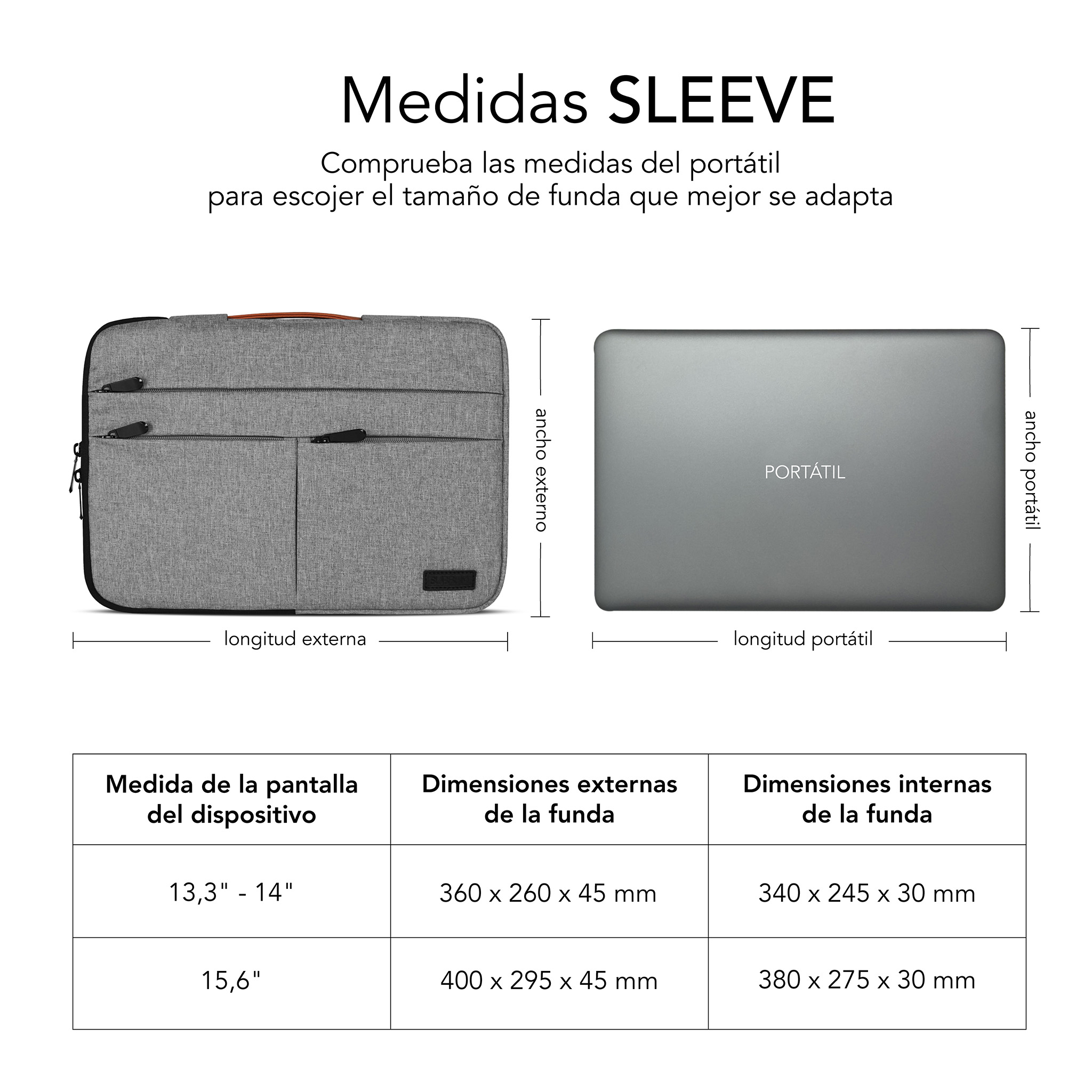 Funda gris para portátil con medidas y tabla de tallas.