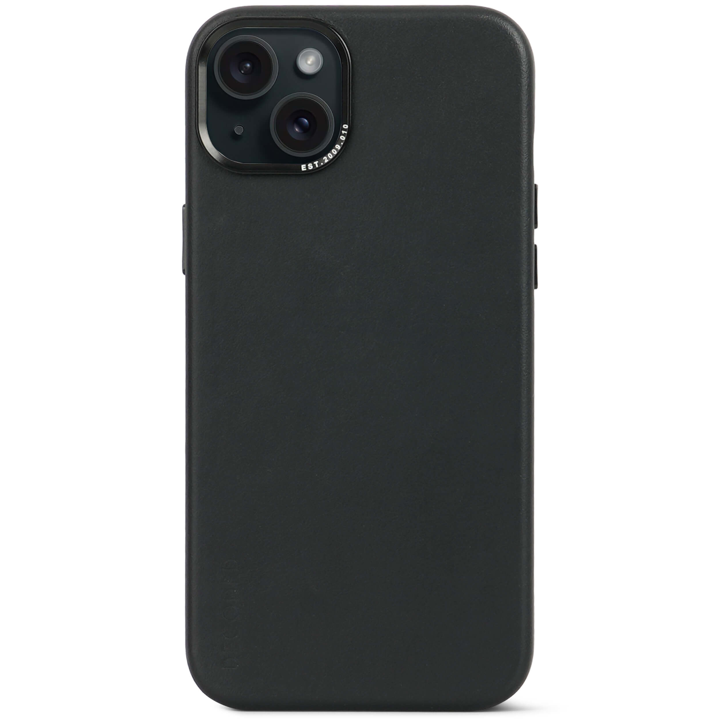 Custodia nera per iPhone con doppia fotocamera e flash.