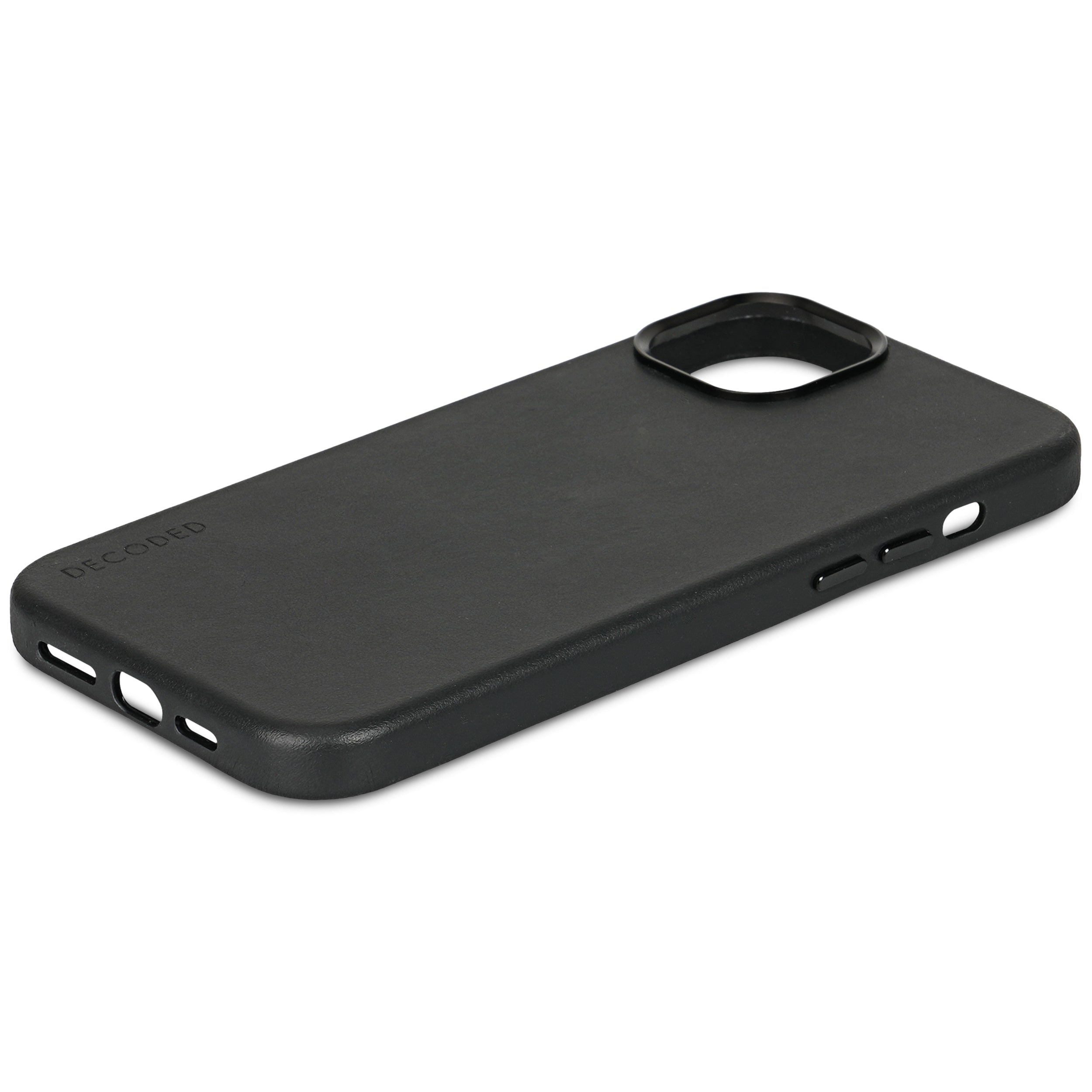 Custodia nera per telefono con logo "DECODED", su sfondo bianco.