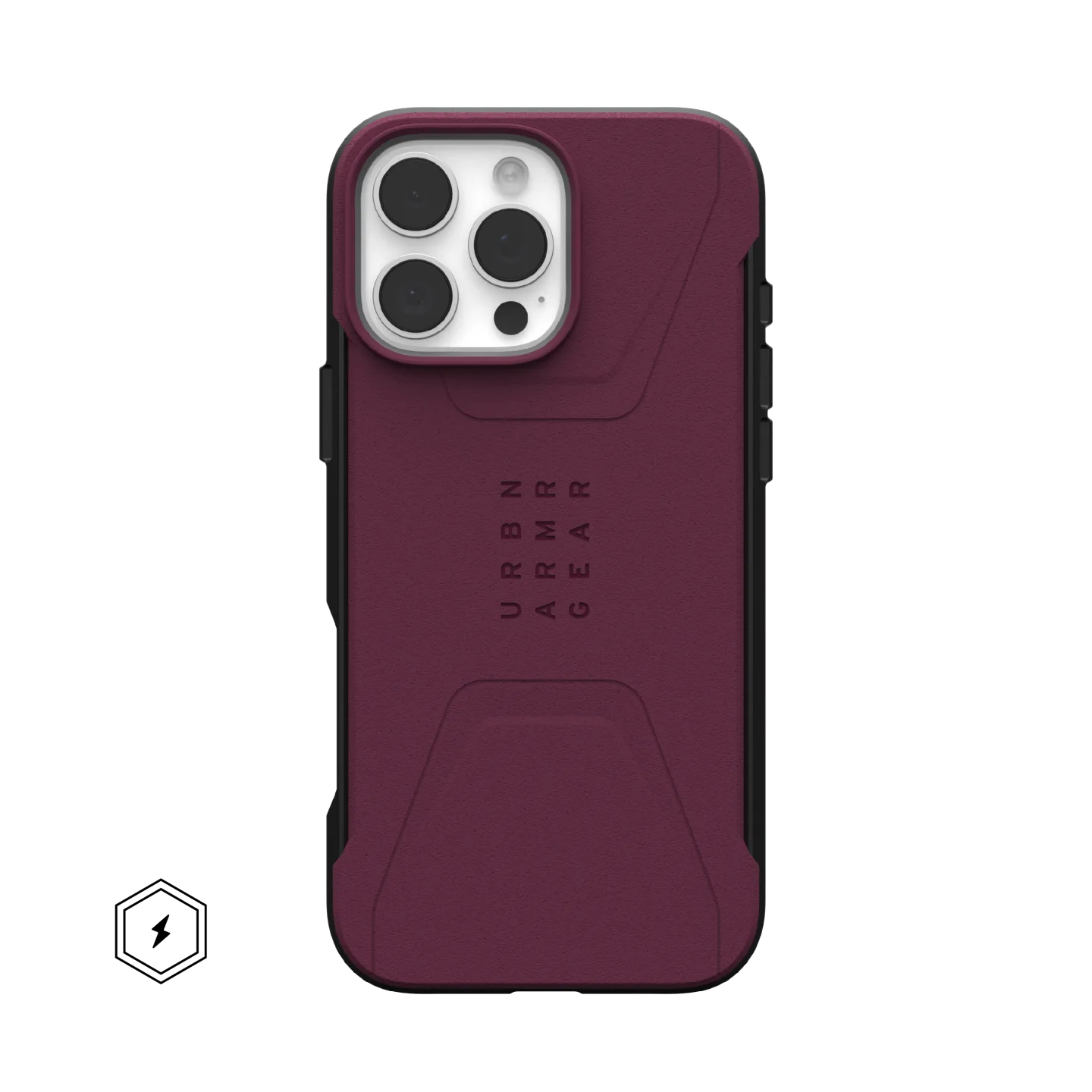 Een bordeauxrode iPhone-hoes met camera-uitsparing en reliëftekst.