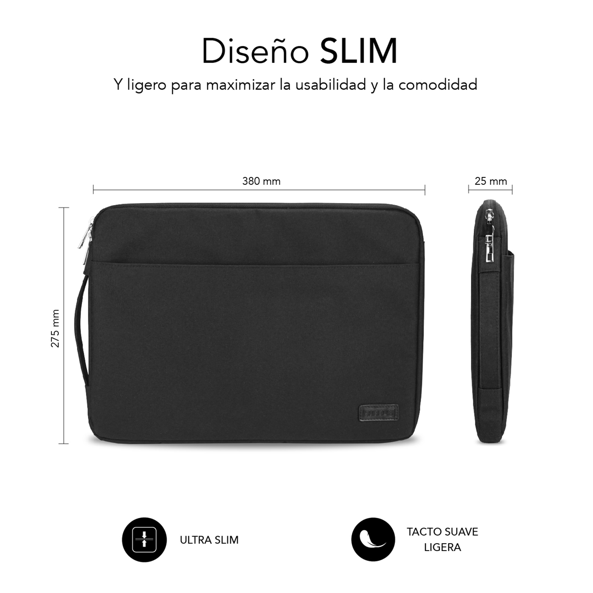 Custodia nera per laptop, dimensioni 380x275x25mm, ultra sottile e leggera.