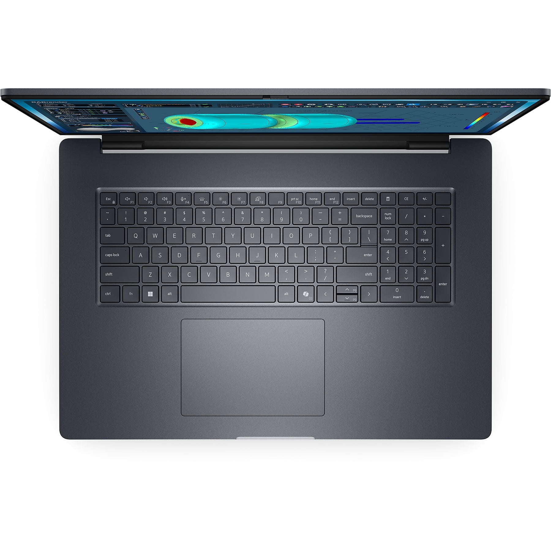 Vista dall'alto di un laptop grigio scuro aperto con schermo luminoso che mostra grafici.