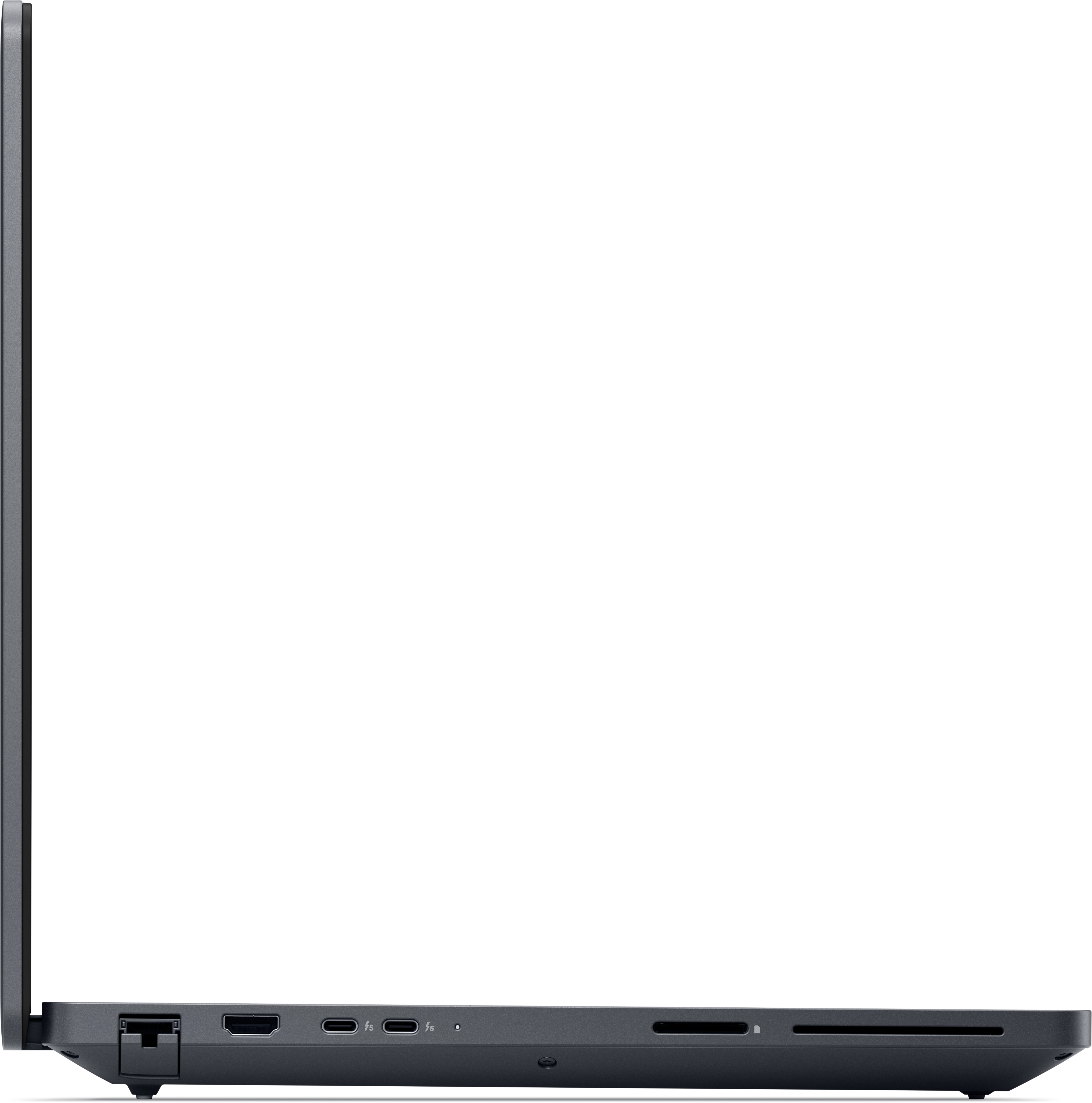 Il lato destro di un laptop scuro mostra le porte: Ethernet, HDMI, USB-C e slot per schede SD.