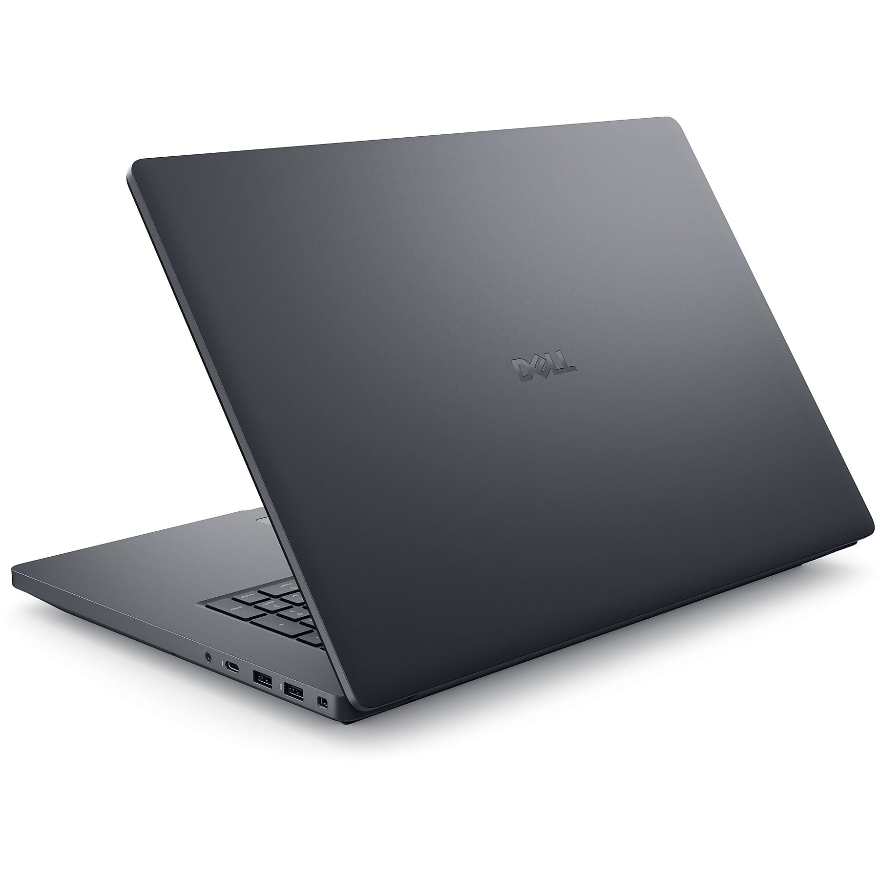 Un laptop Dell grigio scuro chiuso, che mostra tastiera e porte.