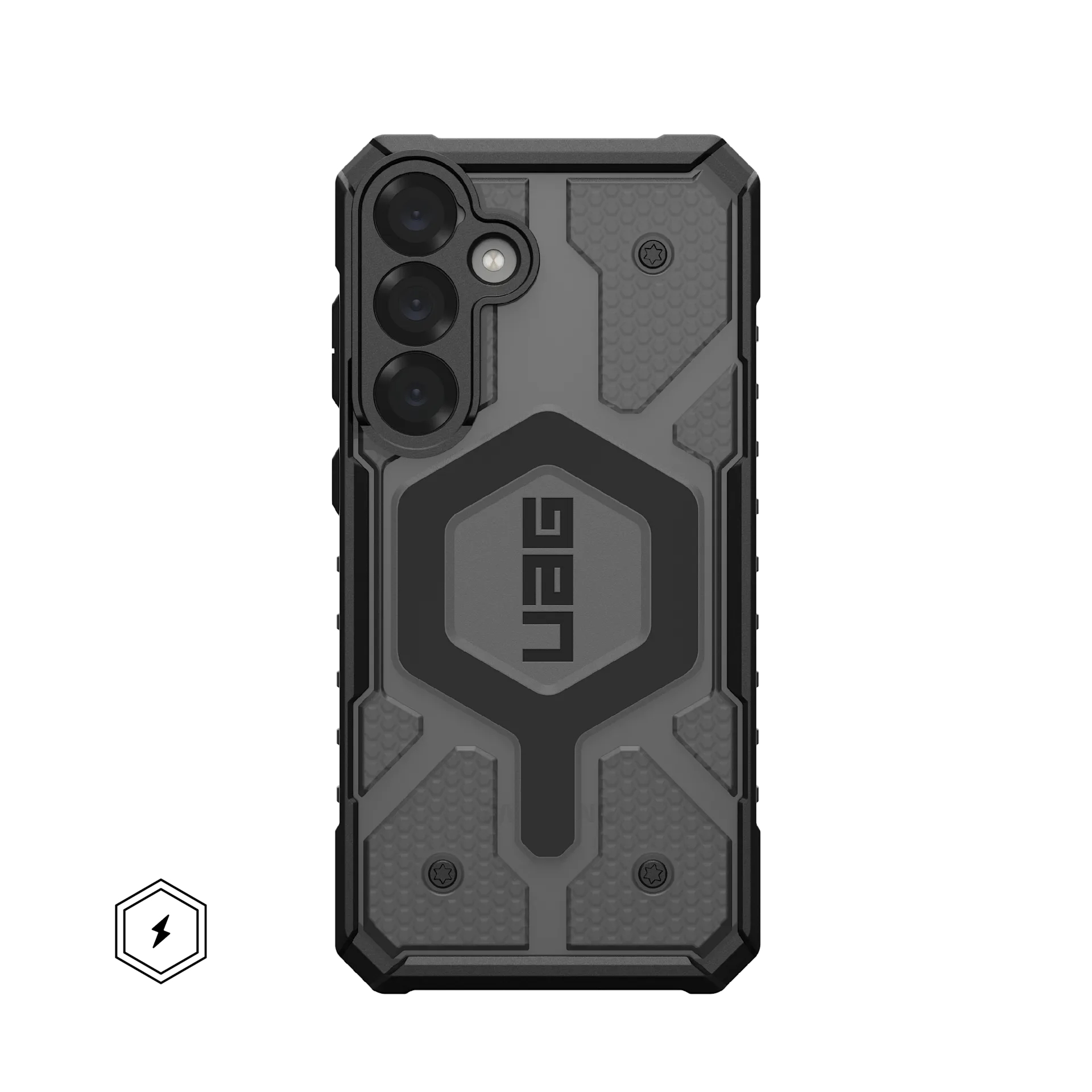 Custodia nera per telefono con ritaglio tripla fotocamera e logo UAG.