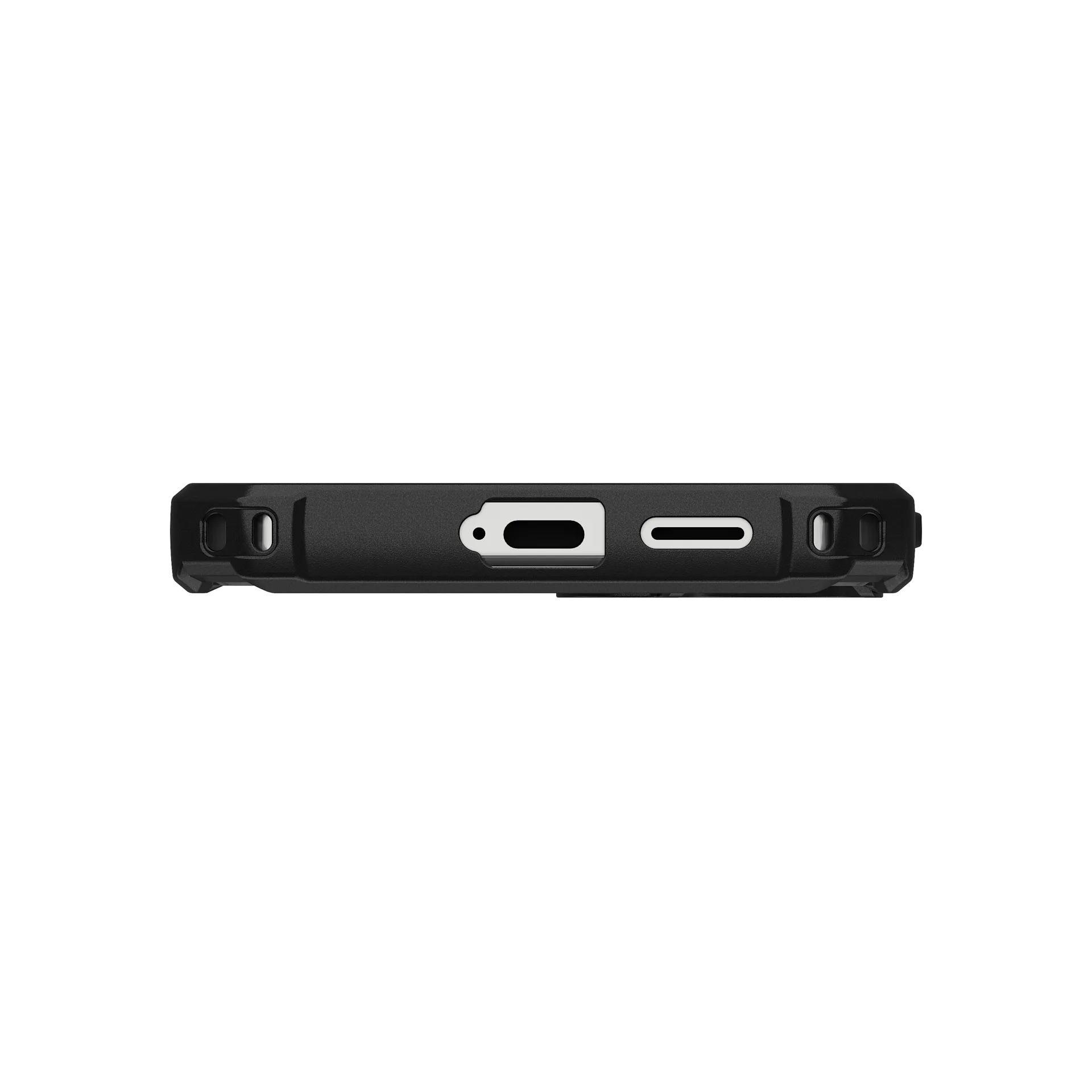 Custodia nera per telefono con porta di ricarica e aperture altoparlante.