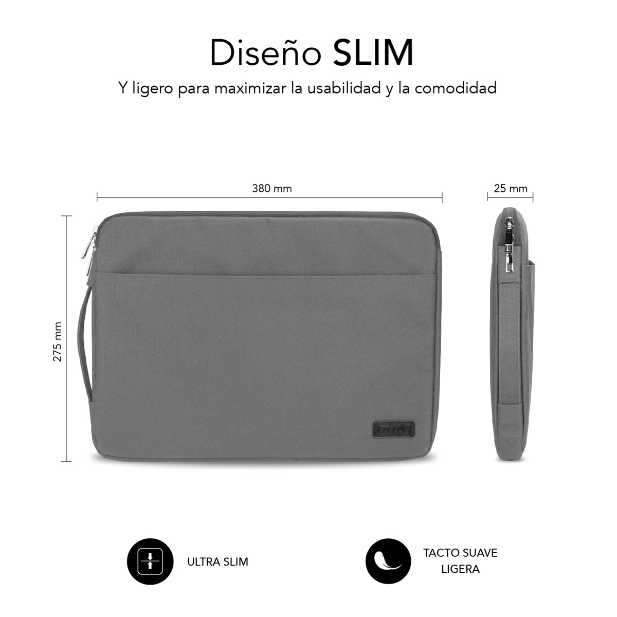 Custodia grigia per laptop, 380x275x25mm, con cerniera e manico. Ultra sottile.