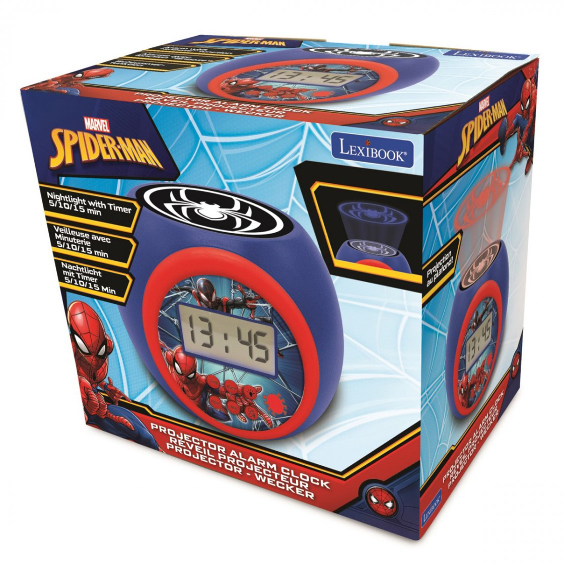 Reloj despertador proyector de Spiderman con pantalla digital en caja.