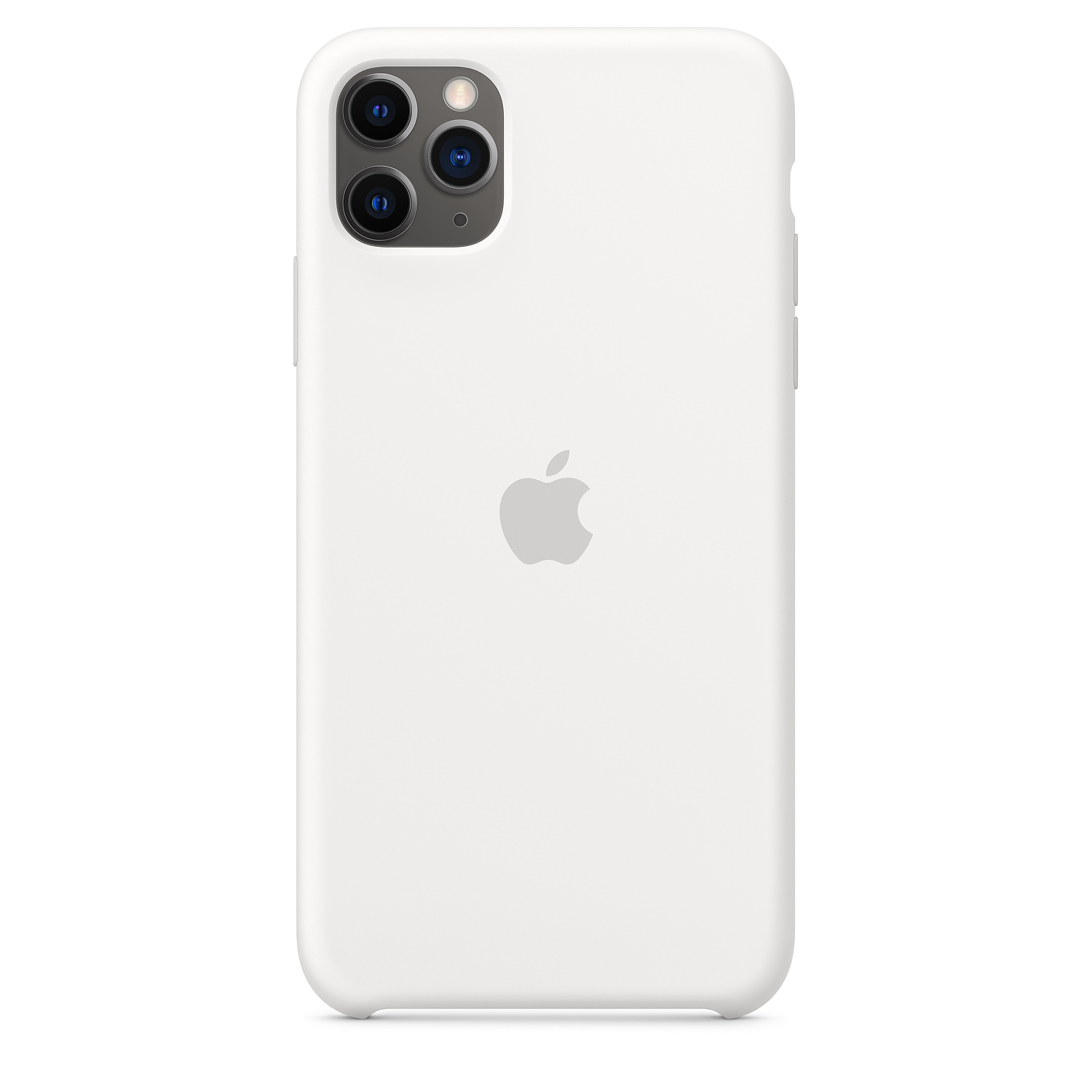 Ein weißes iPhone-Gehäuse mit drei Kameras und einem Apple-Logo.