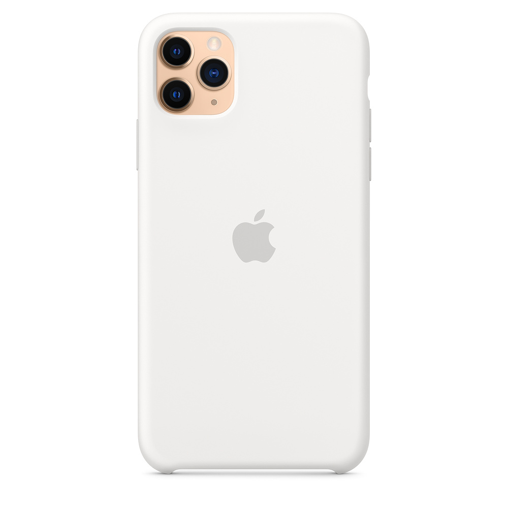 Ein weißes iPhone-Case mit einem Apple-Logo in der Mitte und einer Dreifachkamera oben links.