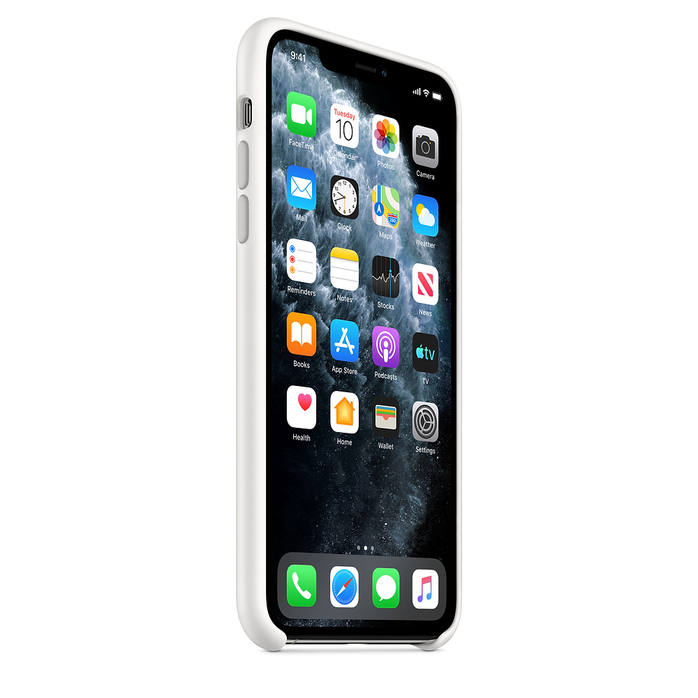Ein weies iPhone mit vielen App-Symbolen auf dem Bildschirm, weier Hlle.
