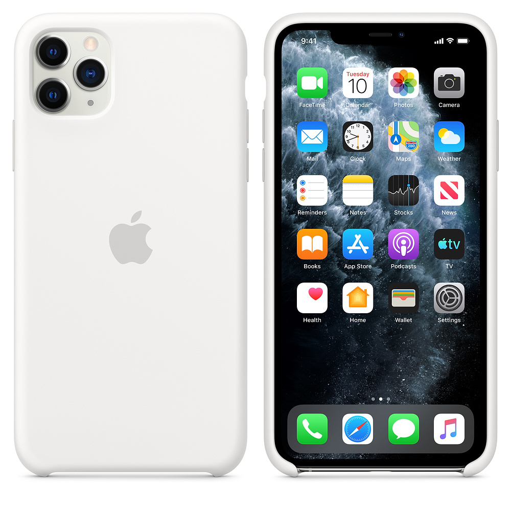 Ein weißes iPhone 11 Pro mit Hülle wird gezeigt, mit dem Homescreen und Icons.
