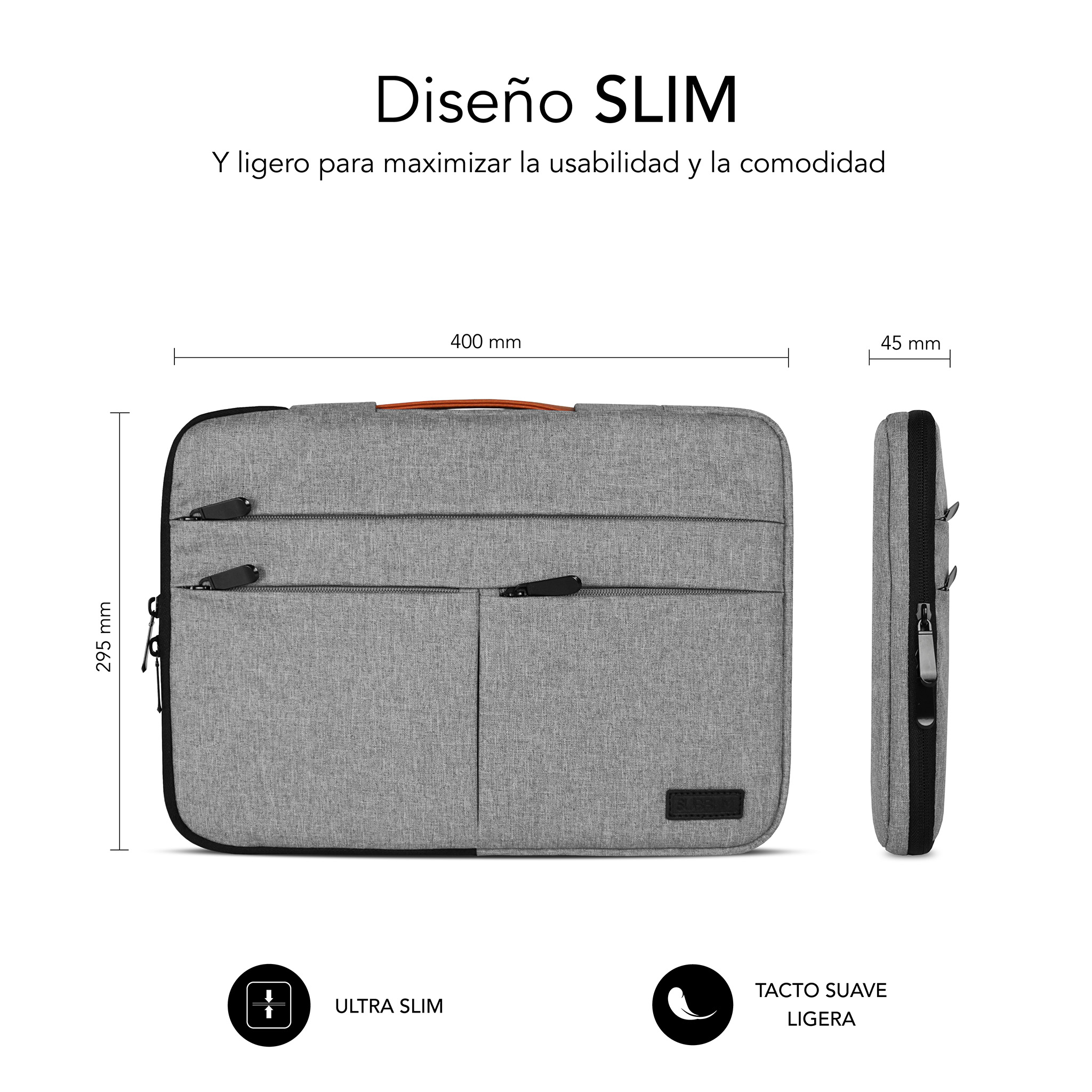 Funda gris para portátil, 400x295x45mm, con cremalleras y asa. Ultra fina.