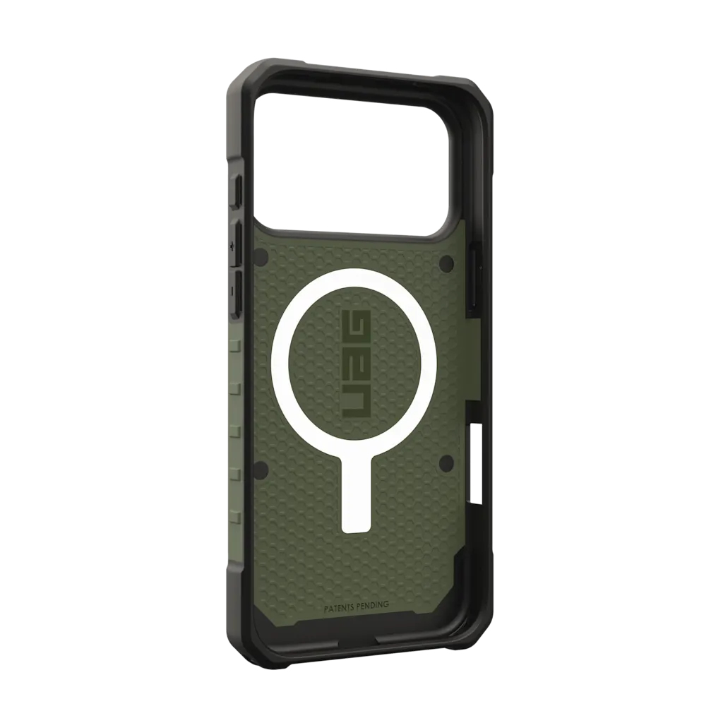 Grüne UAG Handyhülle mit weißem UAG-Logo auf Wabenstruktur.