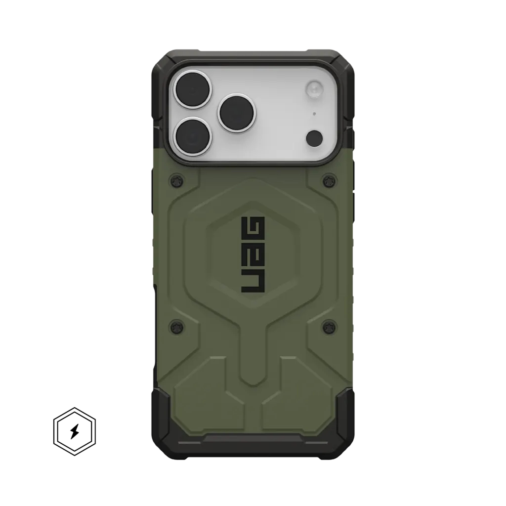 Grüne Schutzhülle für iPhone mit Kamerasystem und Logo.