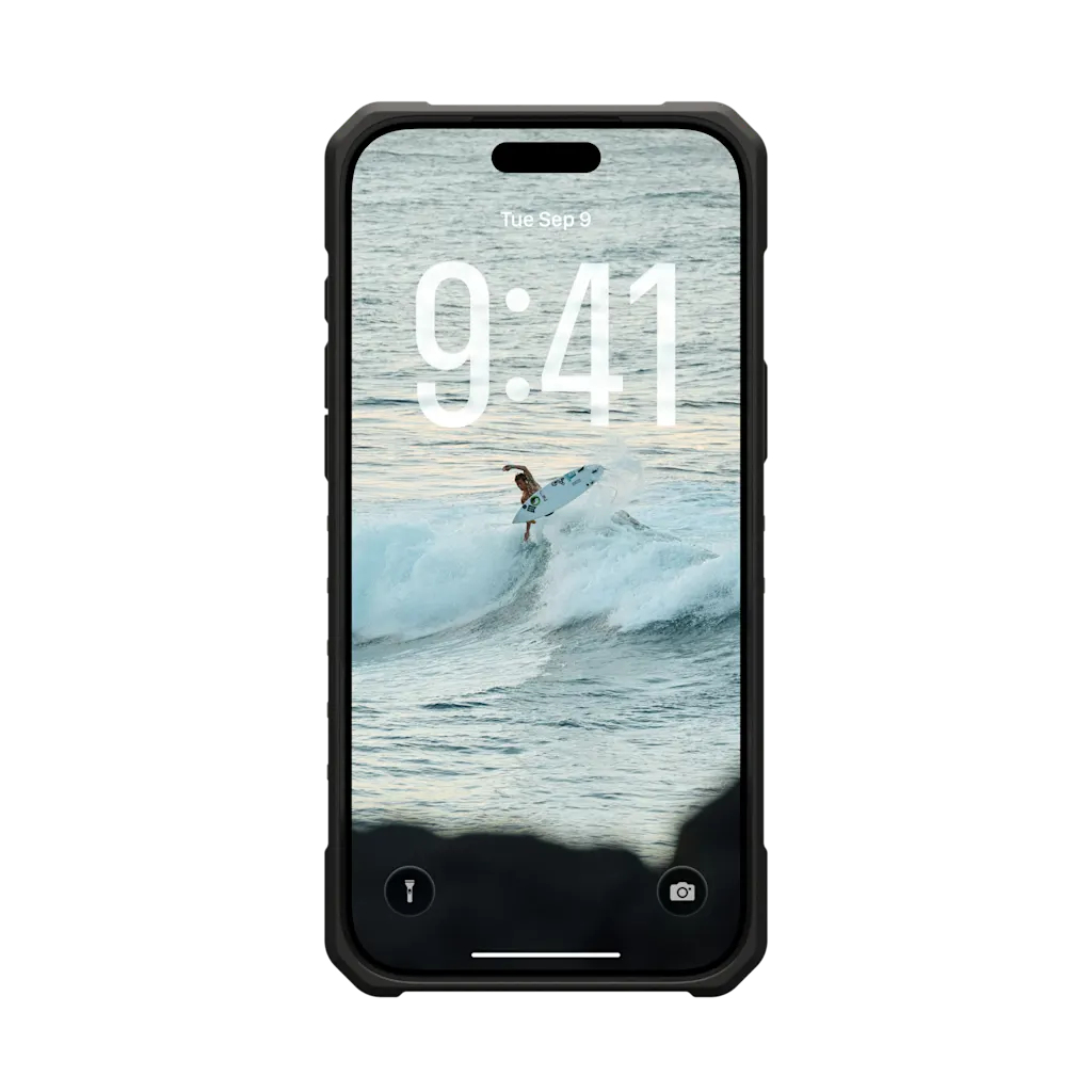 Ein Surfer reitet auf einer Welle auf einem iPhone-Display.