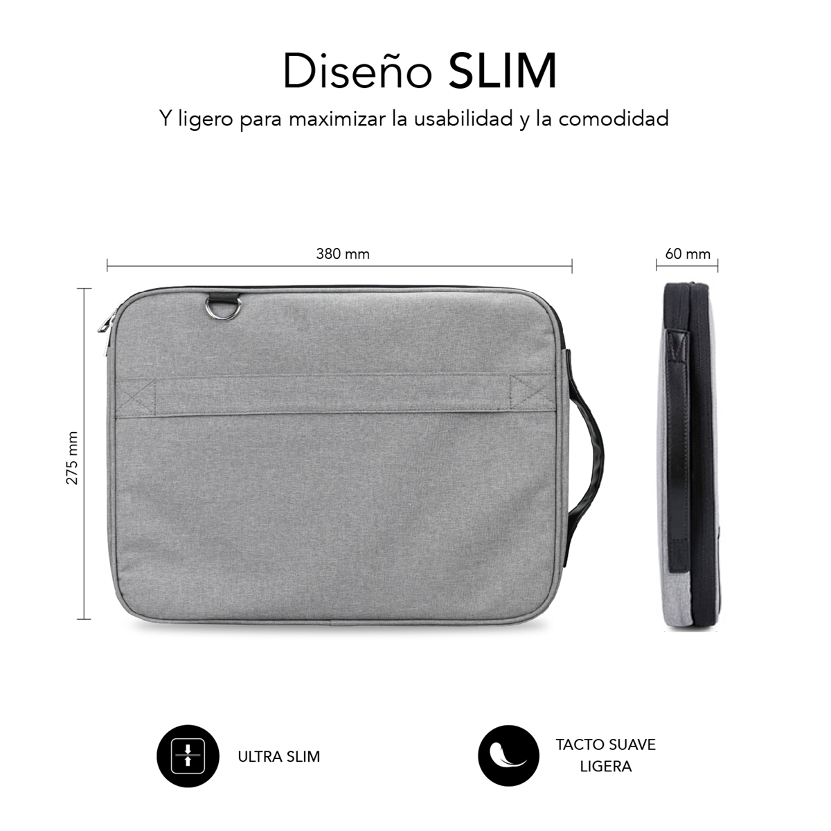 Borsa grigia per laptop 380x275x60 mm, sottile e leggera.