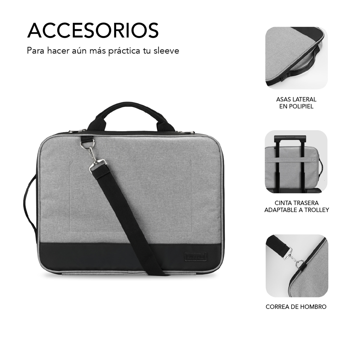 Borsa grigia per laptop con accenti neri e manico.