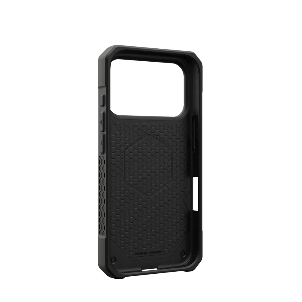 Czarne etui na telefon z wzorem plastra miodu i wycięciami na aparat/przyciski.
