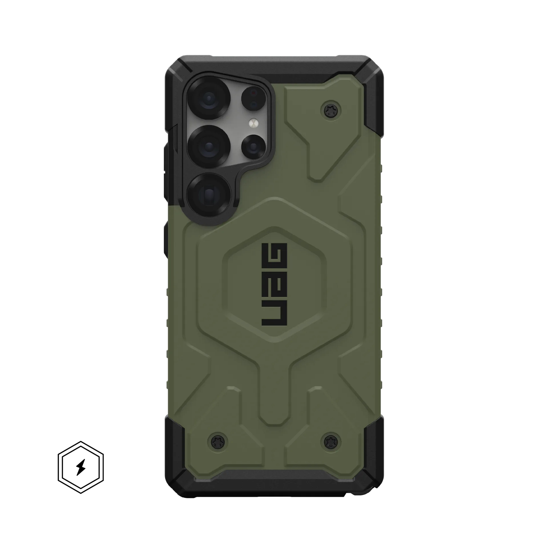Custodia verde per telefono con cornice nera, array di fotocamere e logo UAG.