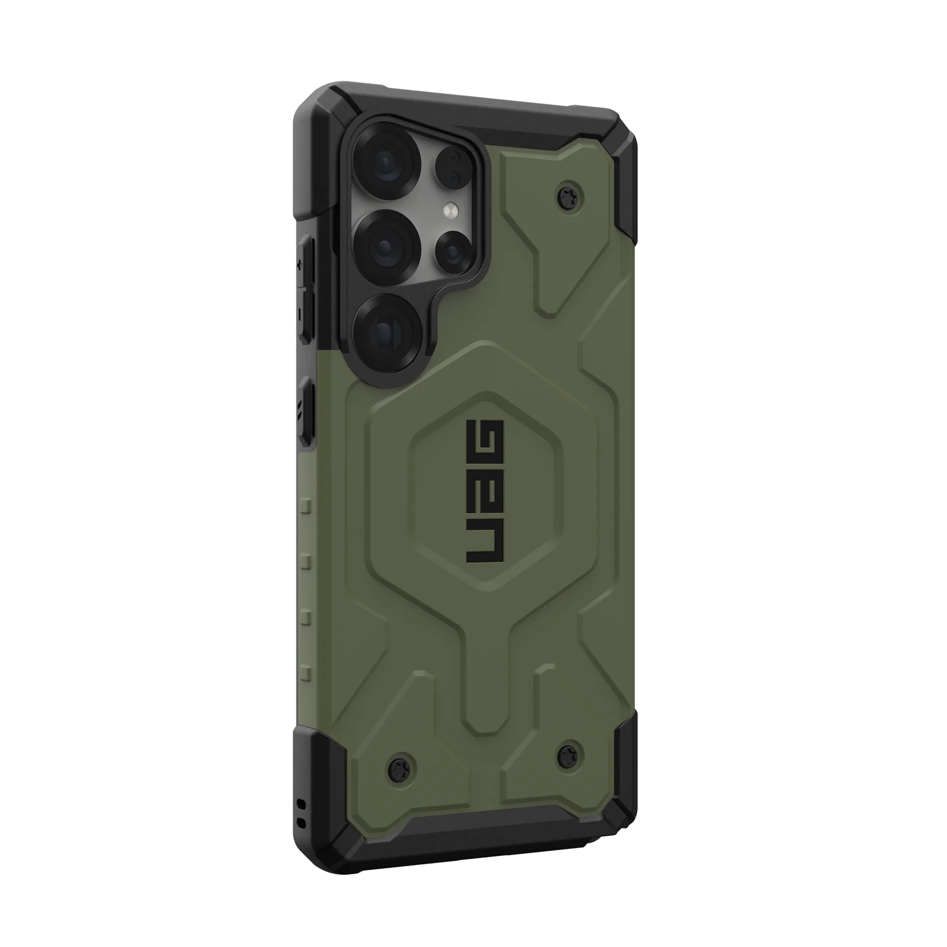 Custodia verde per telefono con finiture nere e protezione fotocamera su sfondo bianco.