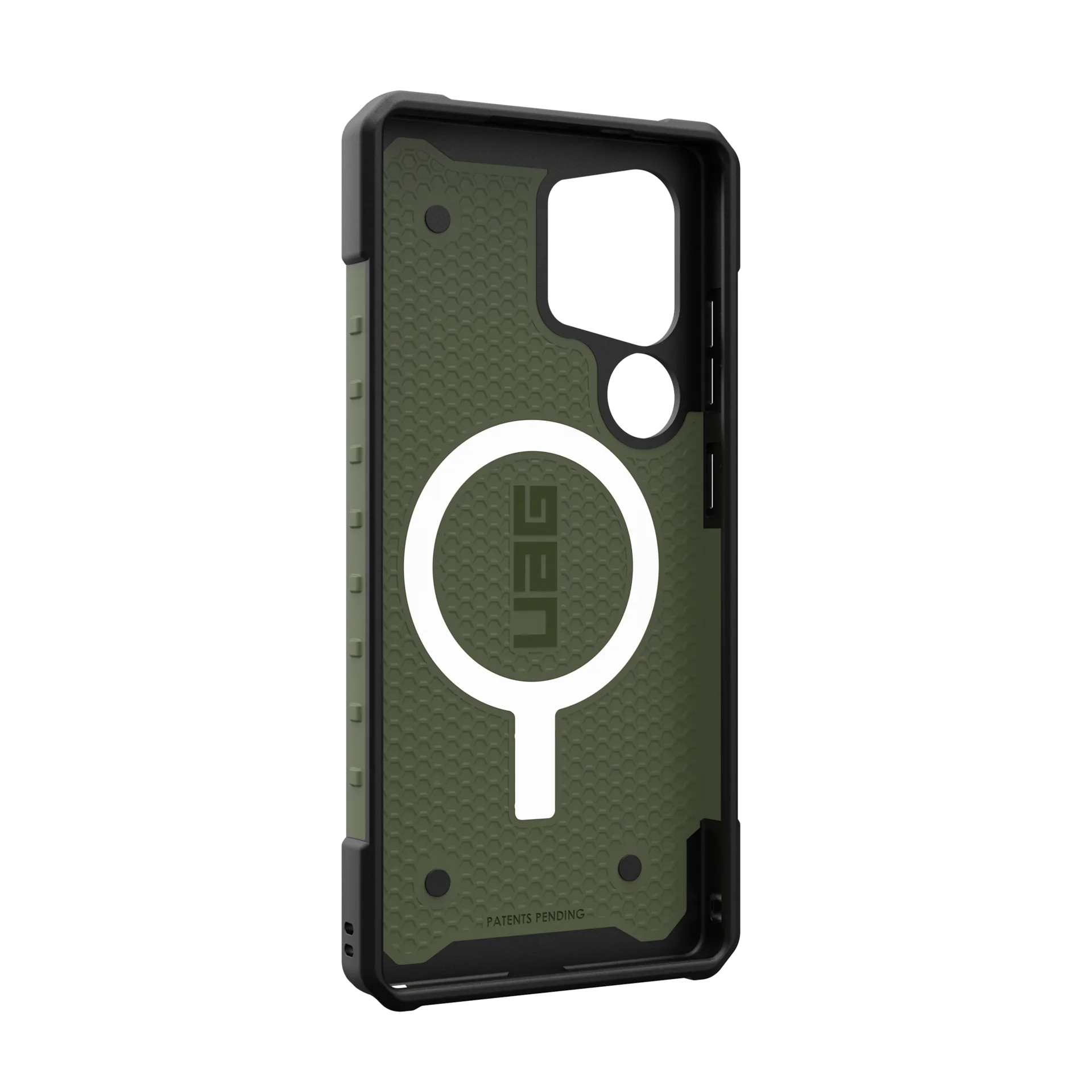 Custodia verde per telefono con motivo a nido d'ape e logo UAG bianco.