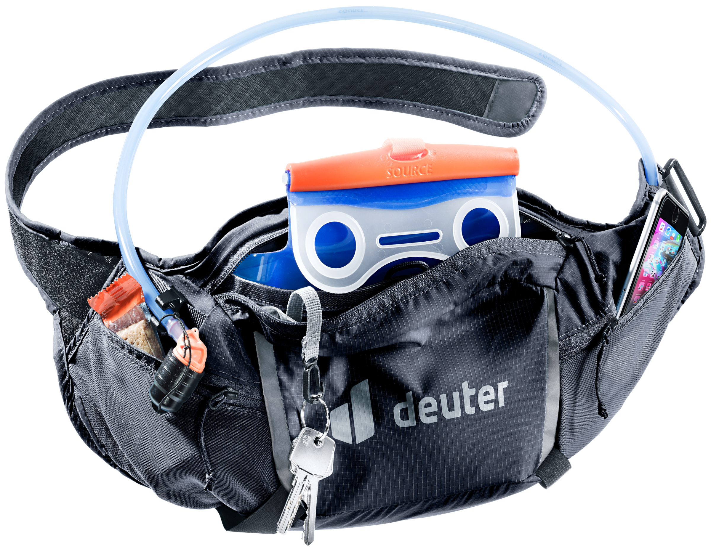 Dunkelgraue Deuter-Bauchtasche mit Trinkschlauch, Handy, Schlüssel und Riegel.