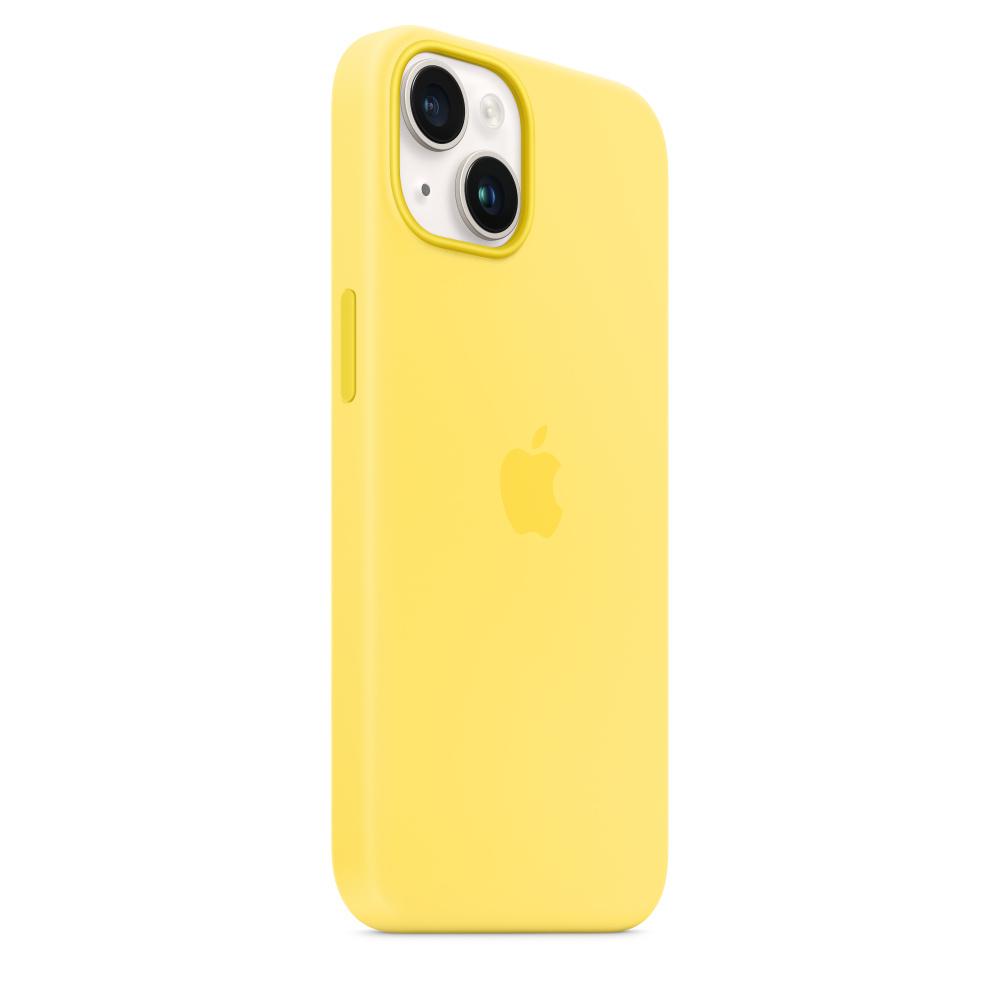 Żółte etui na telefon z logo Apple i wycięciem na aparat na białym tle.