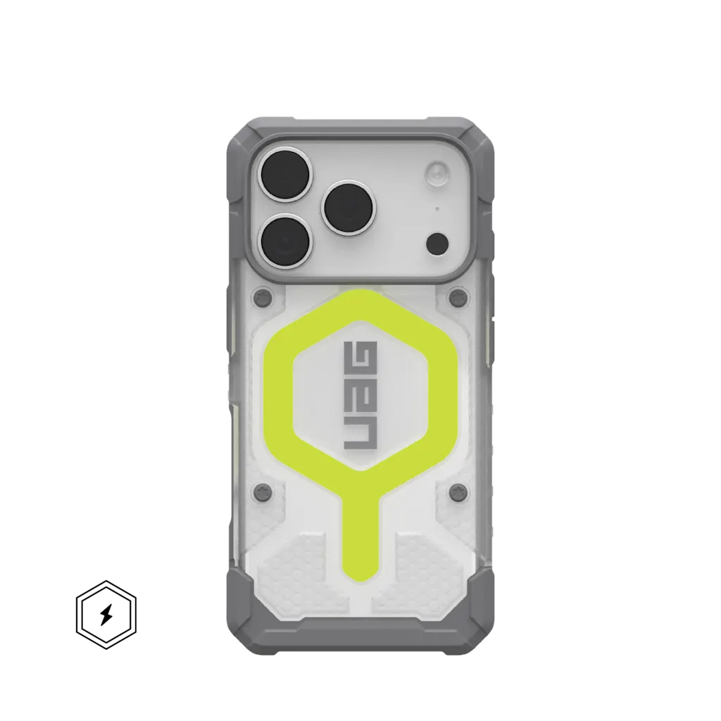 Szara obudowa na telefon z trzema aparatami i neonowo-żółtym logo.