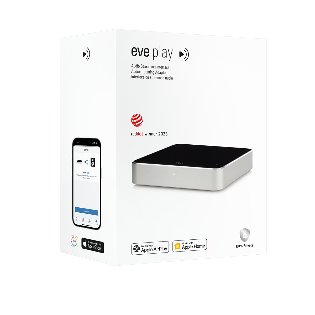 Die Eve Play Box mit Smartphone-App, Red Dot Award und Apple Home-Logo.