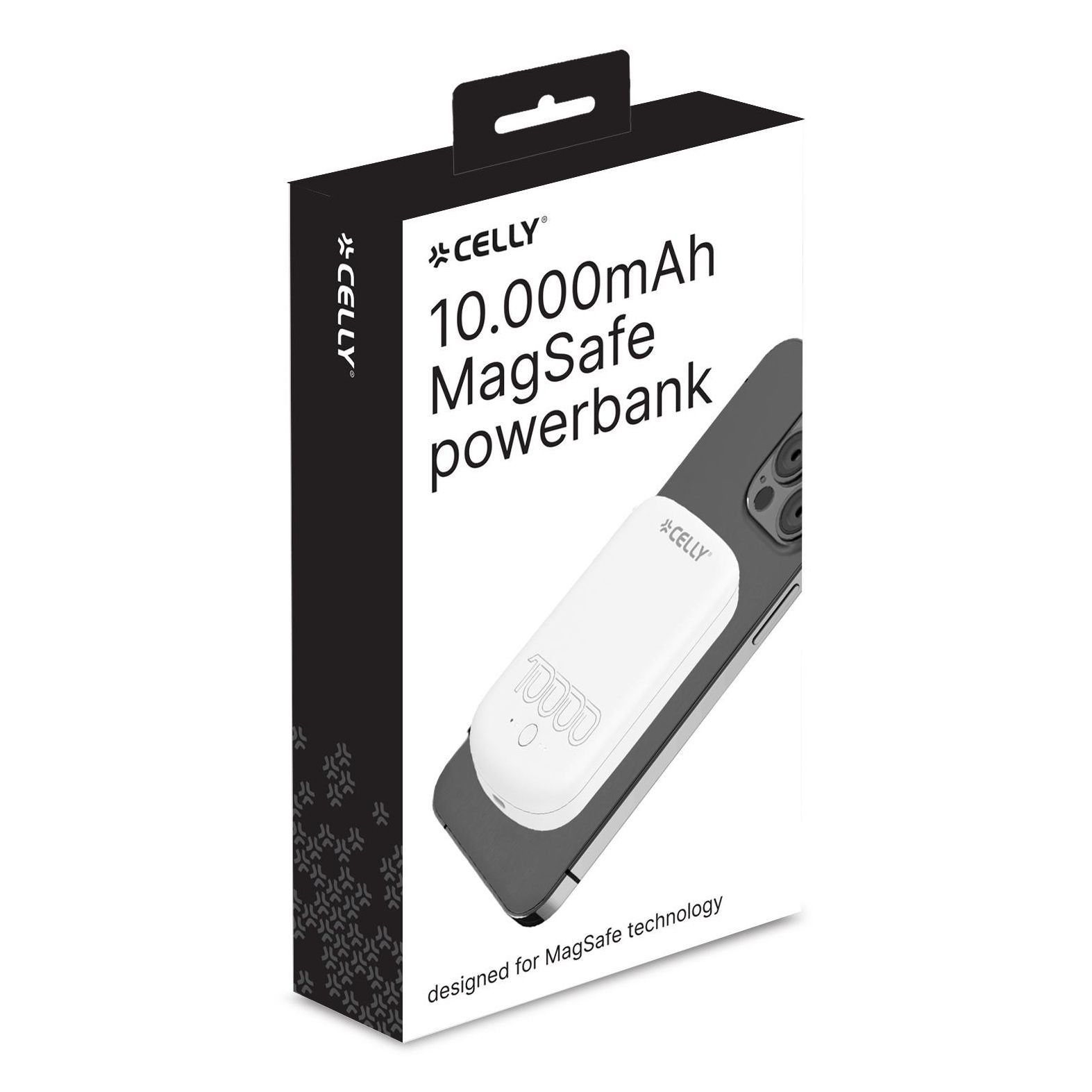 Powerbank Celly MagSafe bianca su telefono scuro. Testo sulla scatola: 10.000mAh.