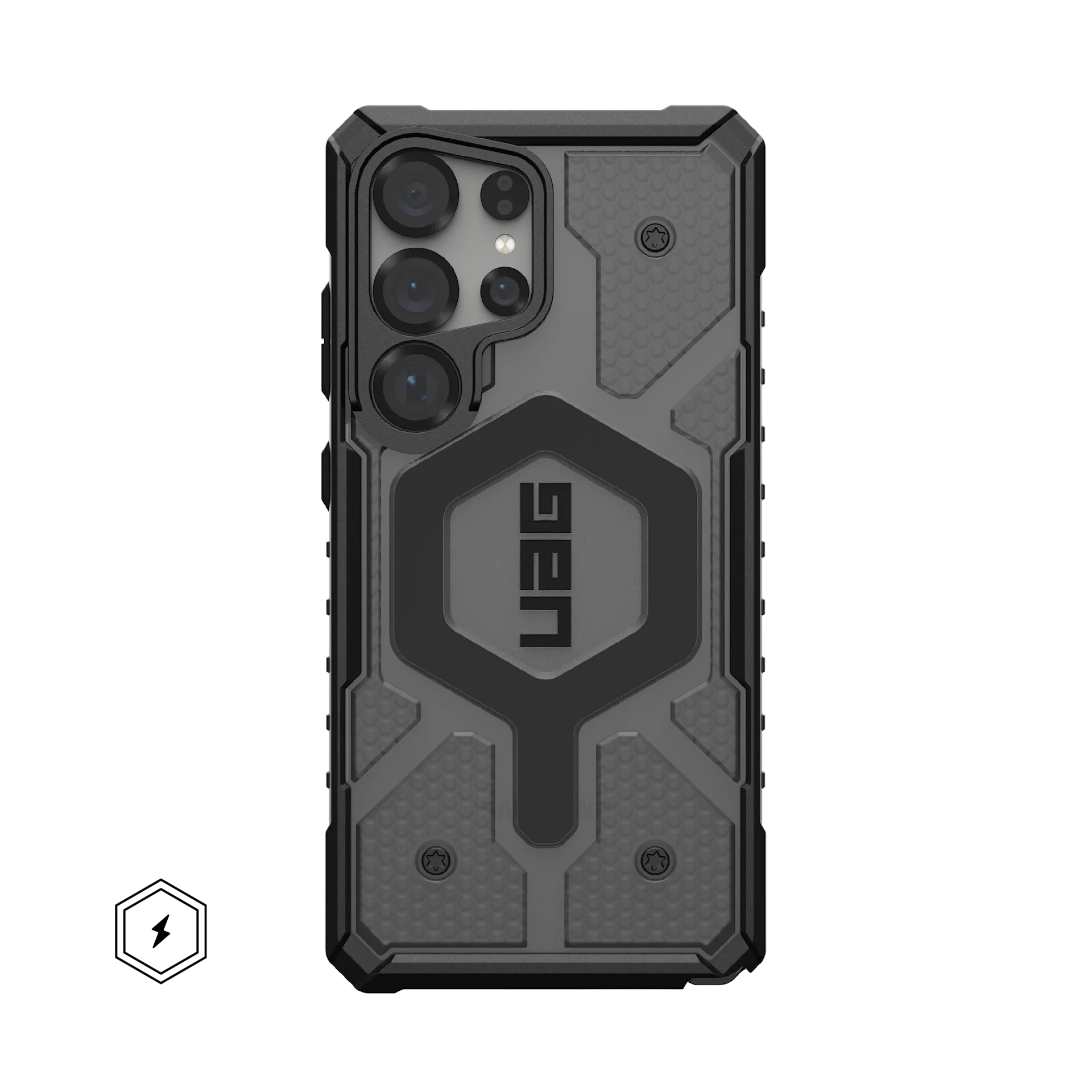 Custodia nera per telefono con fotocamere e logo UAG.