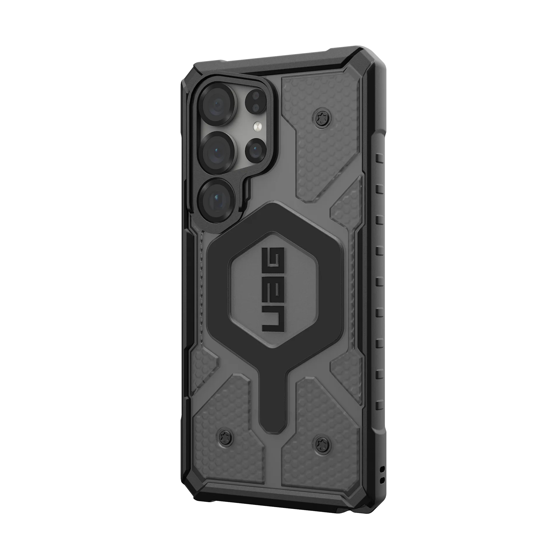 Custodia nera per telefono con logo esagonale UAG e ritaglio fotocamera.