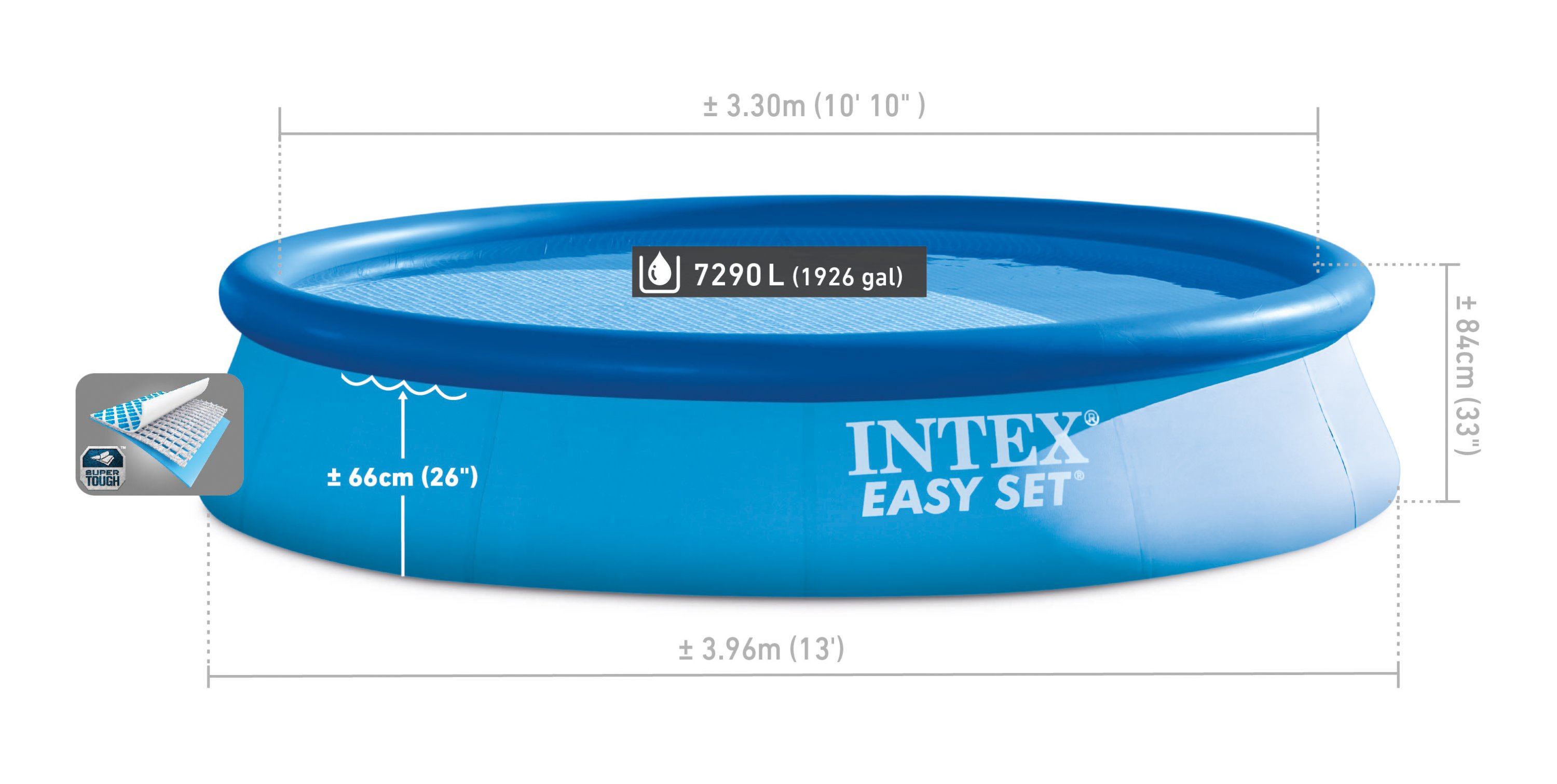 Niebieski basen Intex Easy Set z wymiarami, 3,30m szerokości, 0,84m wysokości, 7290L.