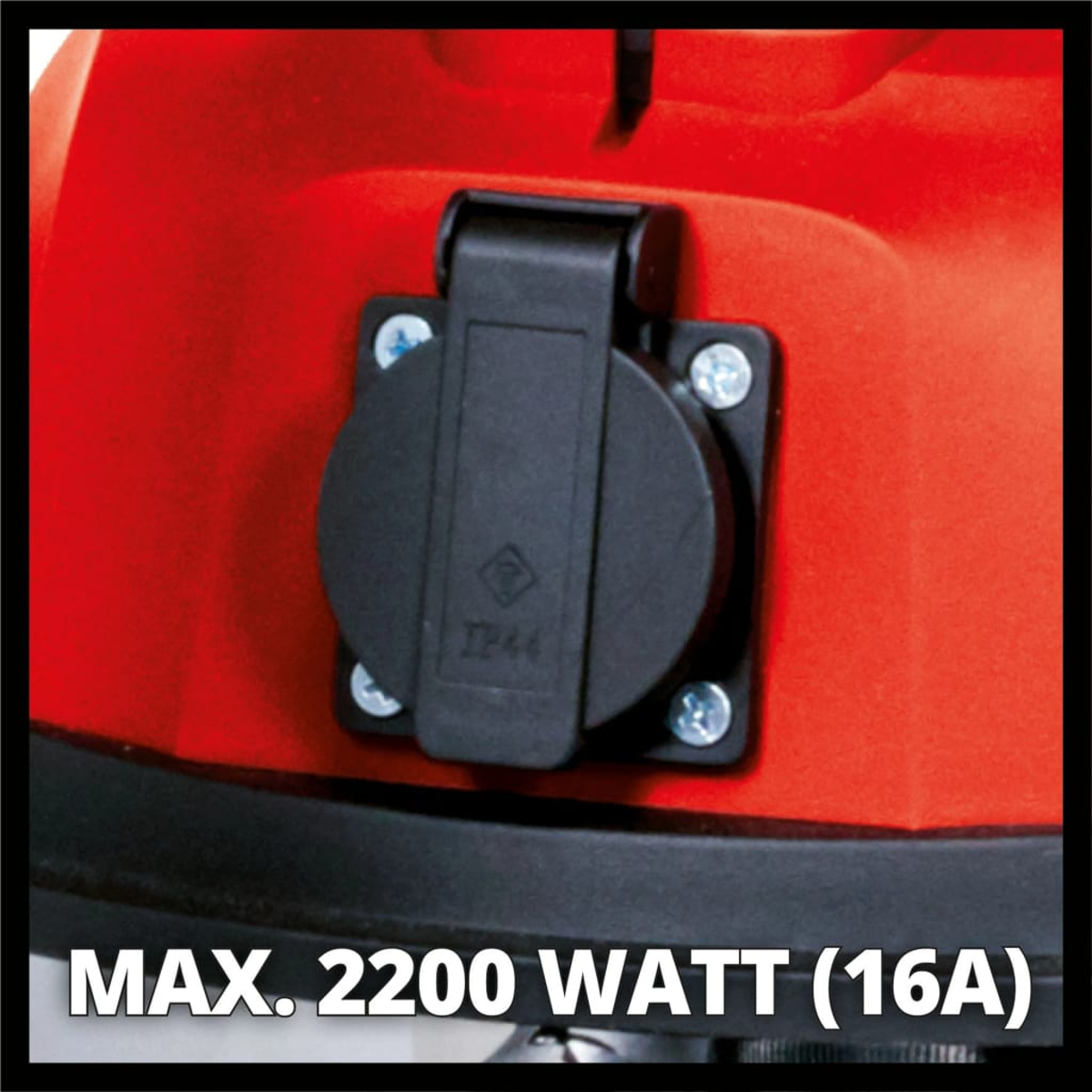 Base rossa dell'apparecchio con presa nera, IP44, max. 2200 Watt (16A).