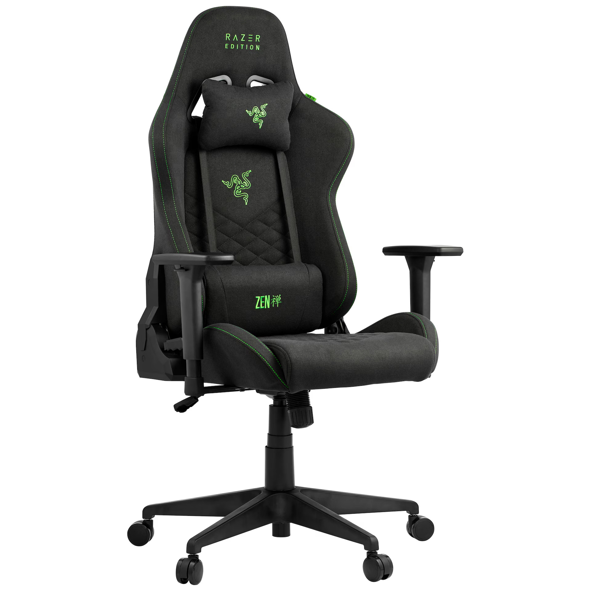 Fauteuil gamer noir avec surpiqûres vertes, logo Razer et coussins.